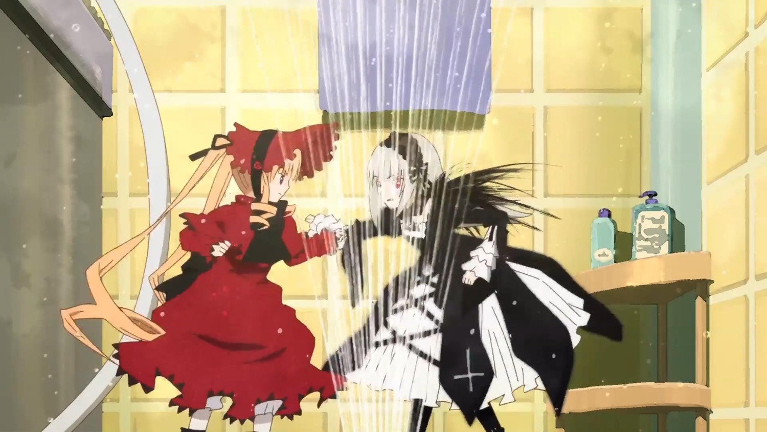 auto_tagged curtains dress image indoors long_hair long_sleeves multiple_girls pair red_eyes red_hair shinku silver_hair standing suigintou twintails window
