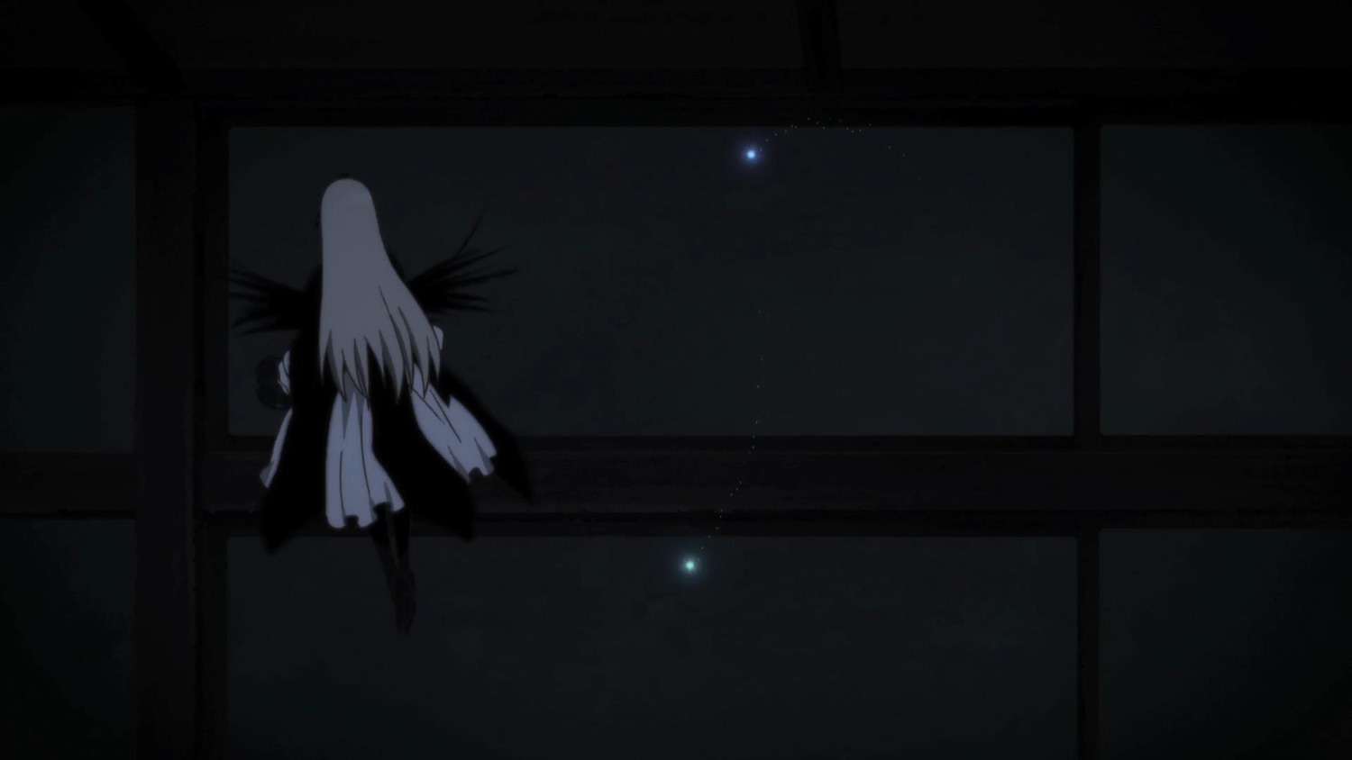 1girl angel_wings dark dress image indoors long_hair monochrome night sky solo standing suigintou window wings