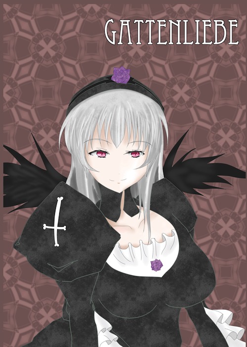 1girl black_wings breasts dress frills hairband image long_hair long_sleeves looking_at_viewer pink_eyes silver_hair smile solo suigintou upper_body wings