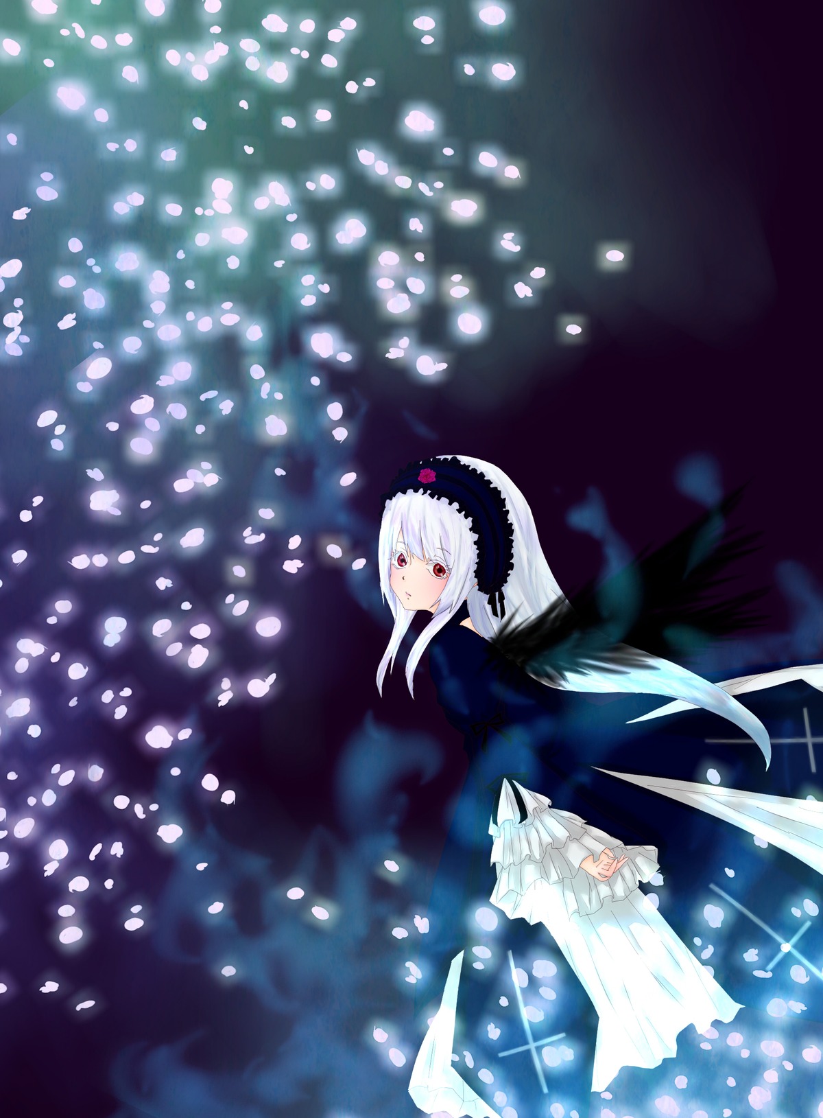 1girl dress feathers frills hairband image long_sleeves looking_at_viewer petals red_eyes solo standing suigintou white_hair wings