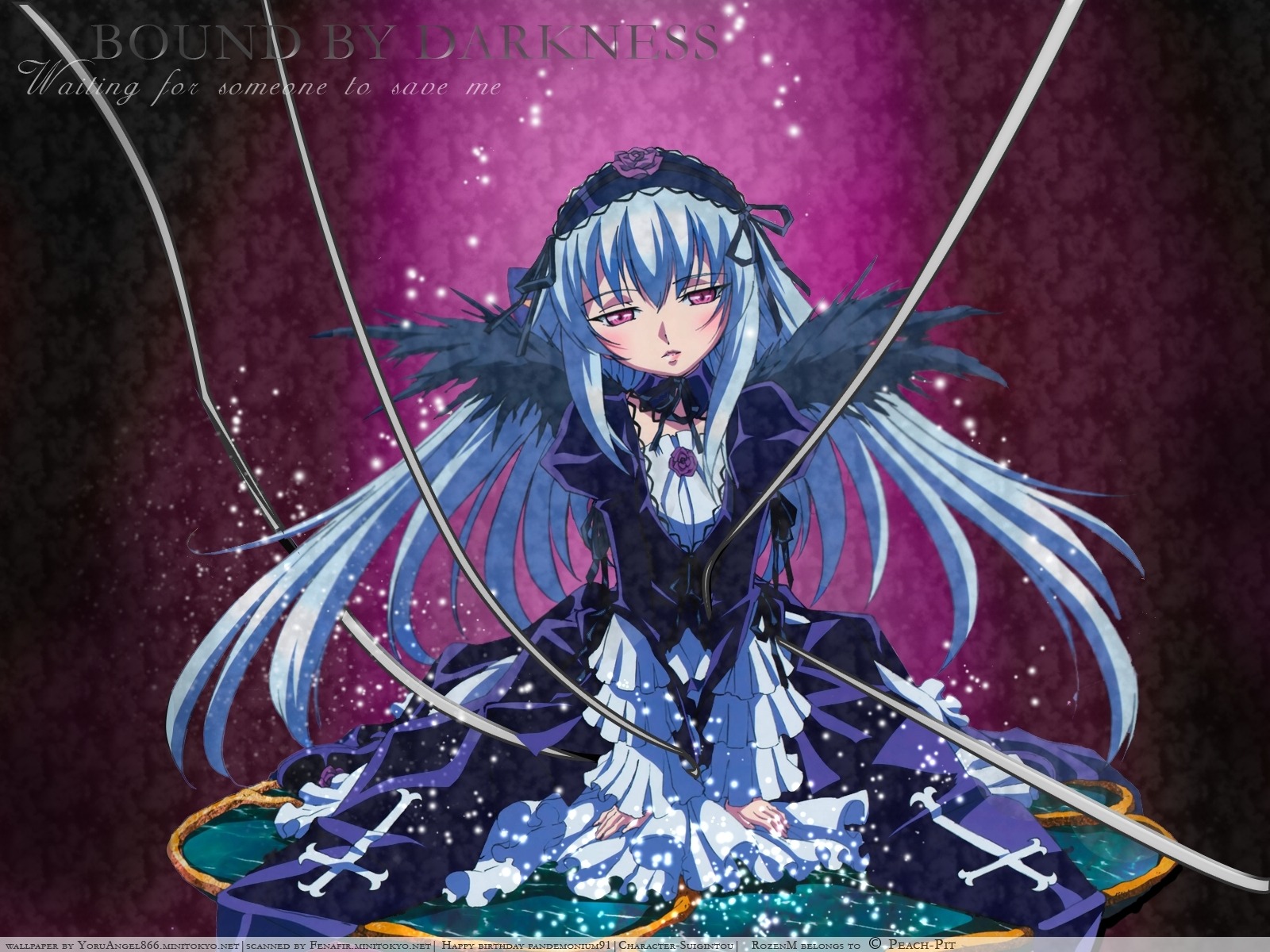 1girl detached_collar dress flower frilled_sleeves frills hairband holding holding_weapon image lolita_hairband long_hair long_sleeves looking_at_viewer pink_eyes solo suigintou sword very_long_hair weapon wings