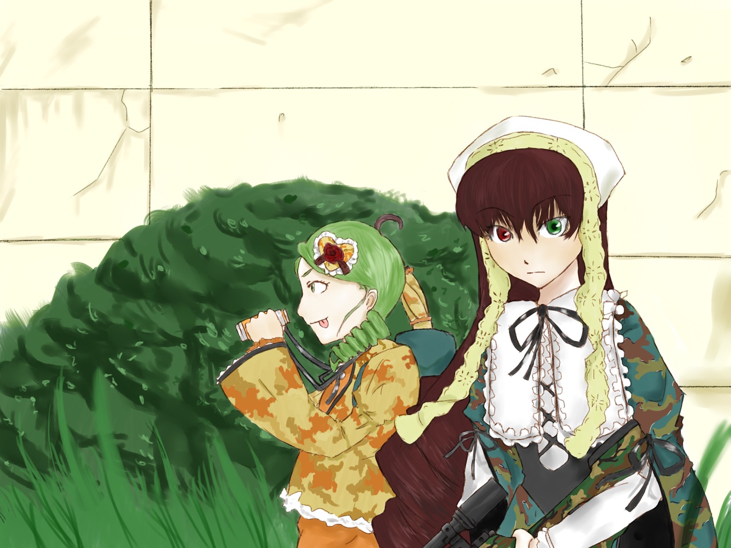 2girls brown_hair dress flower frills green_dress green_eyes green_hair hat head_scarf heterochromia image kanaria long_hair long_sleeves multiple_girls pair red_eyes siblings suiseiseki watering_can