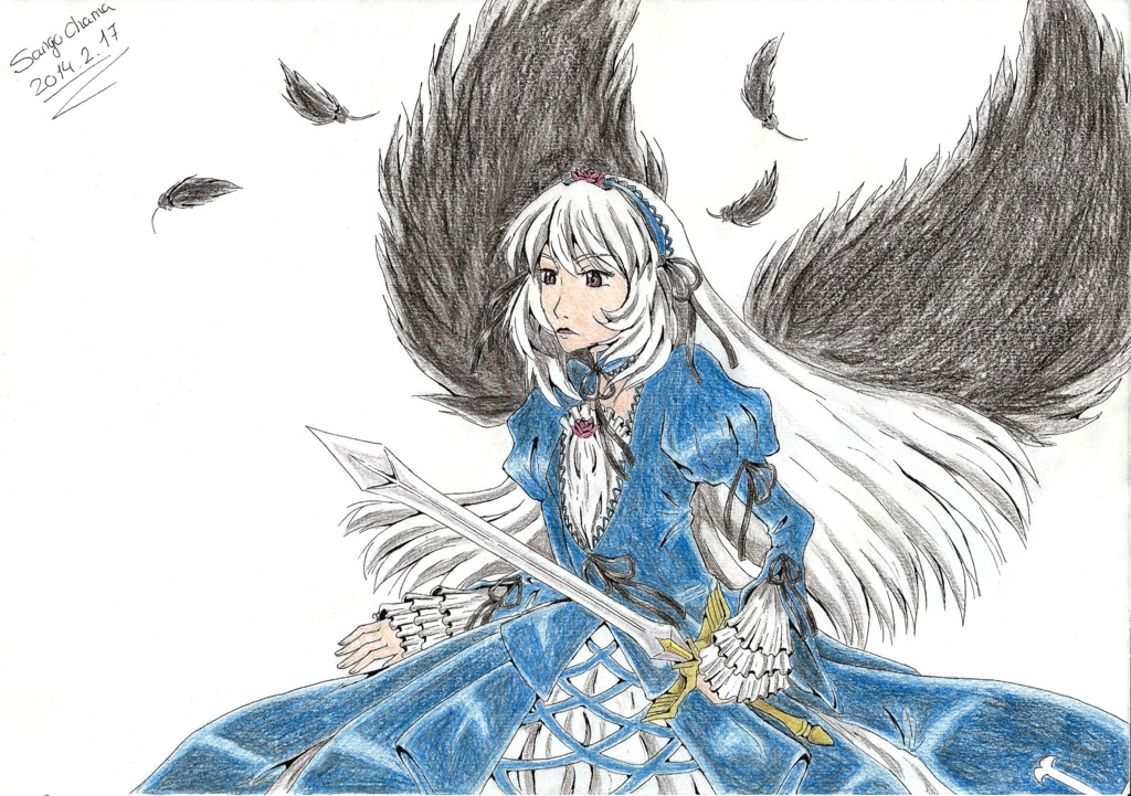 1girl bird black_wings blue_dress dated dress feathered_wings feathers frills hairband image juliet_sleeves long_hair long_sleeves puffy_sleeves ribbon rose signature solo suigintou traditional_media weapon white_background white_hair wings