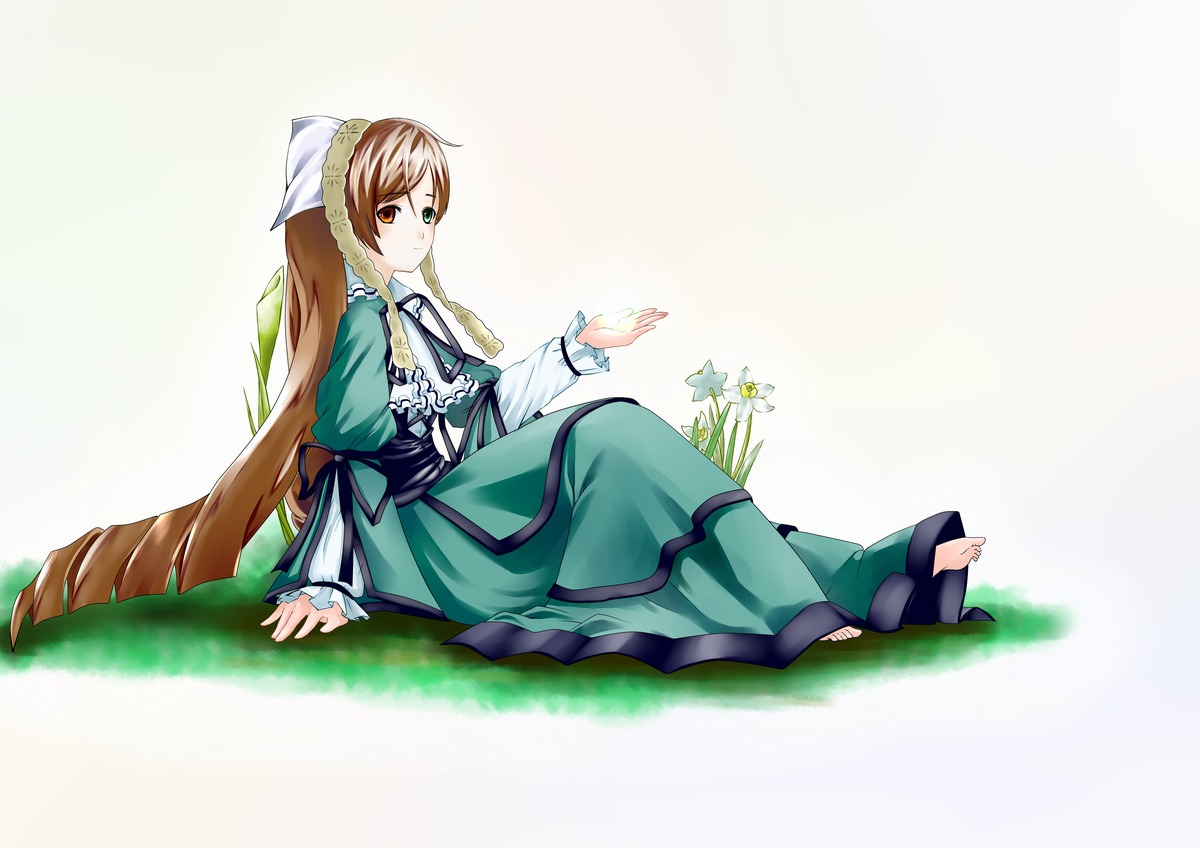 1girl barefoot bow brown_hair dress flower full_body green_dress image long_hair long_sleeves looking_at_viewer sitting solo suiseiseki very_long_hair