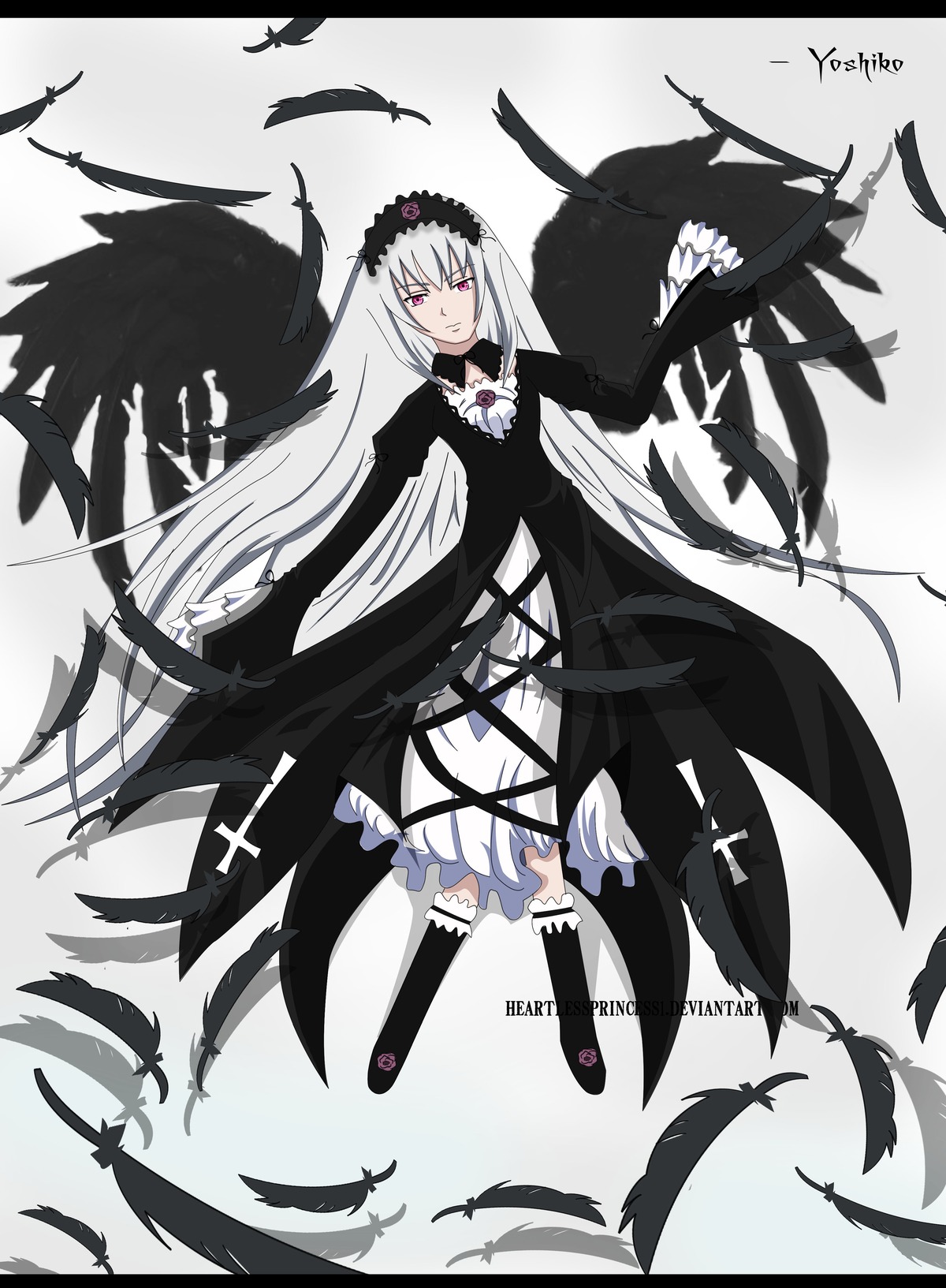 1girl bird black_feathers black_wings crow dress feathers flower frills gradient_background hairband image kneehighs long_hair long_sleeves looking_at_viewer rose silver_hair solo suigintou very_long_hair wings