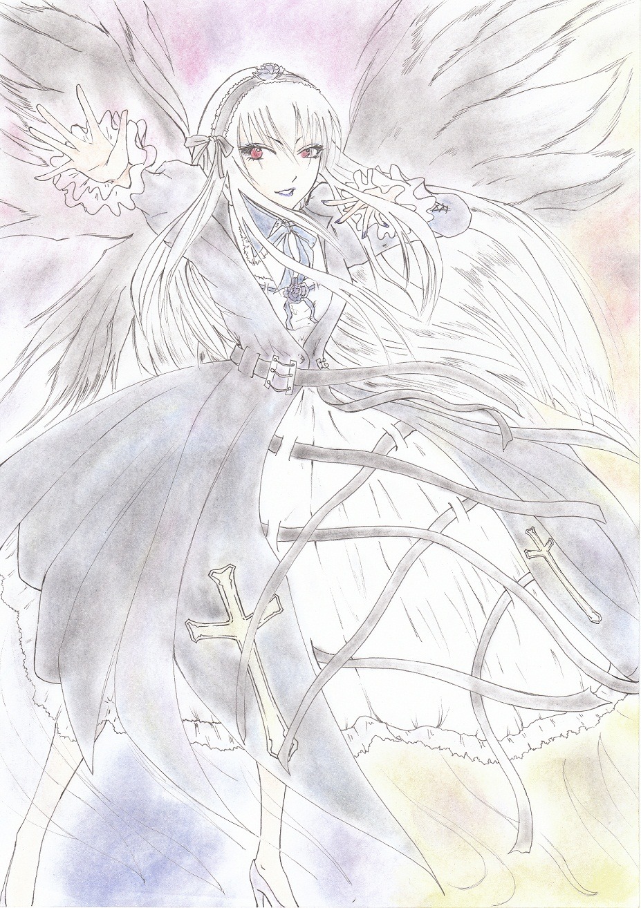 1girl black_wings dress feathered_wings flower frilled_sleeves frills hairband image long_hair long_sleeves looking_at_viewer outstretched_arm red_eyes ribbon rose solo suigintou very_long_hair wings