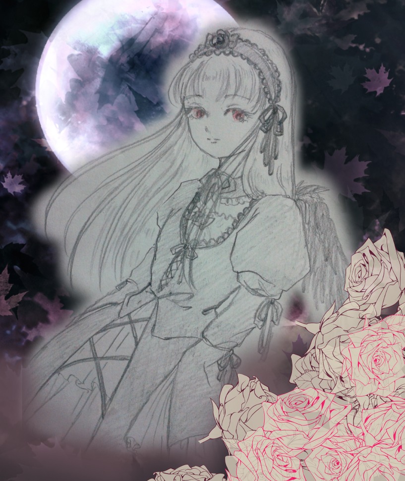 1girl dress flower frills full_moon hairband image long_hair long_sleeves looking_at_viewer monochrome moon night red_eyes rose solo suigintou