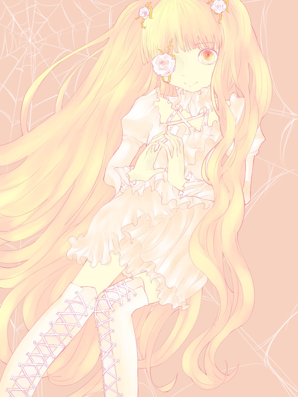 1girl blonde_hair boots bow cross-laced_footwear dress eyepatch flower frills hair_flower hair_ornament image kirakishou knee_boots long_hair rose smile solo thigh_boots thighhighs very_long_hair yellow_eyes