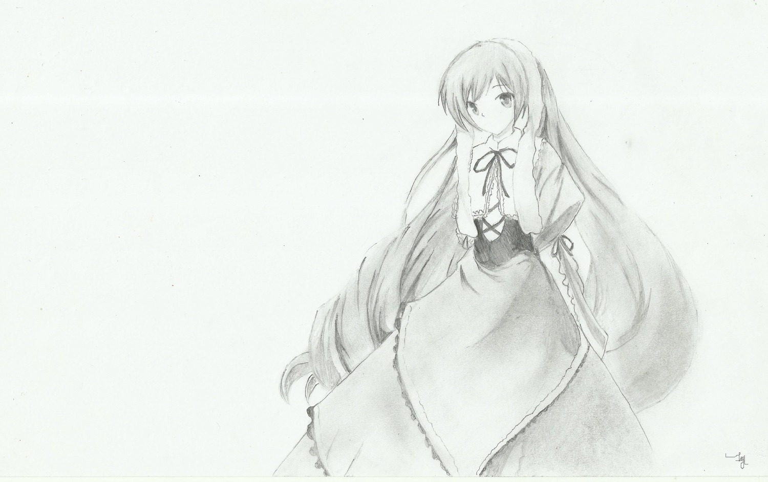 1girl dress image long_hair long_sleeves looking_at_viewer monochrome puffy_sleeves simple_background solo suiseiseki traditional_media very_long_hair