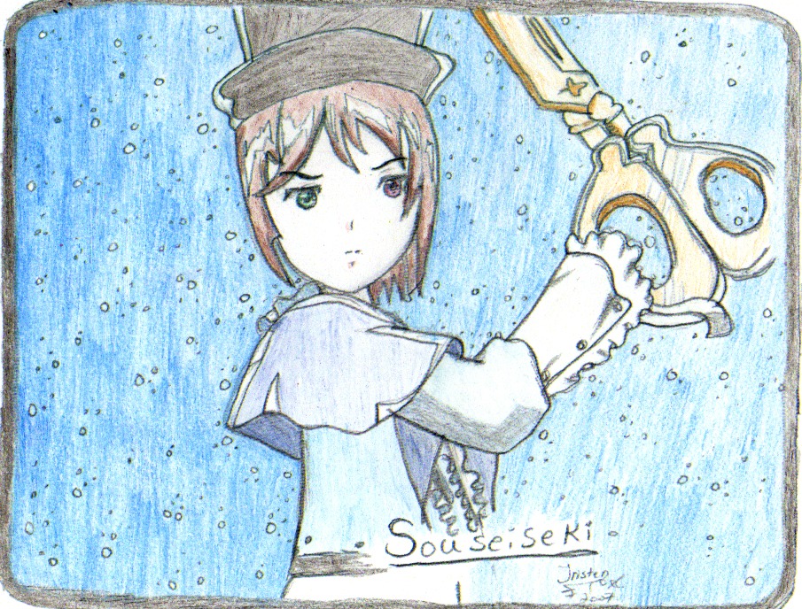 1girl brown_hair dated hat image looking_at_viewer short_hair solo souseiseki traditional_media