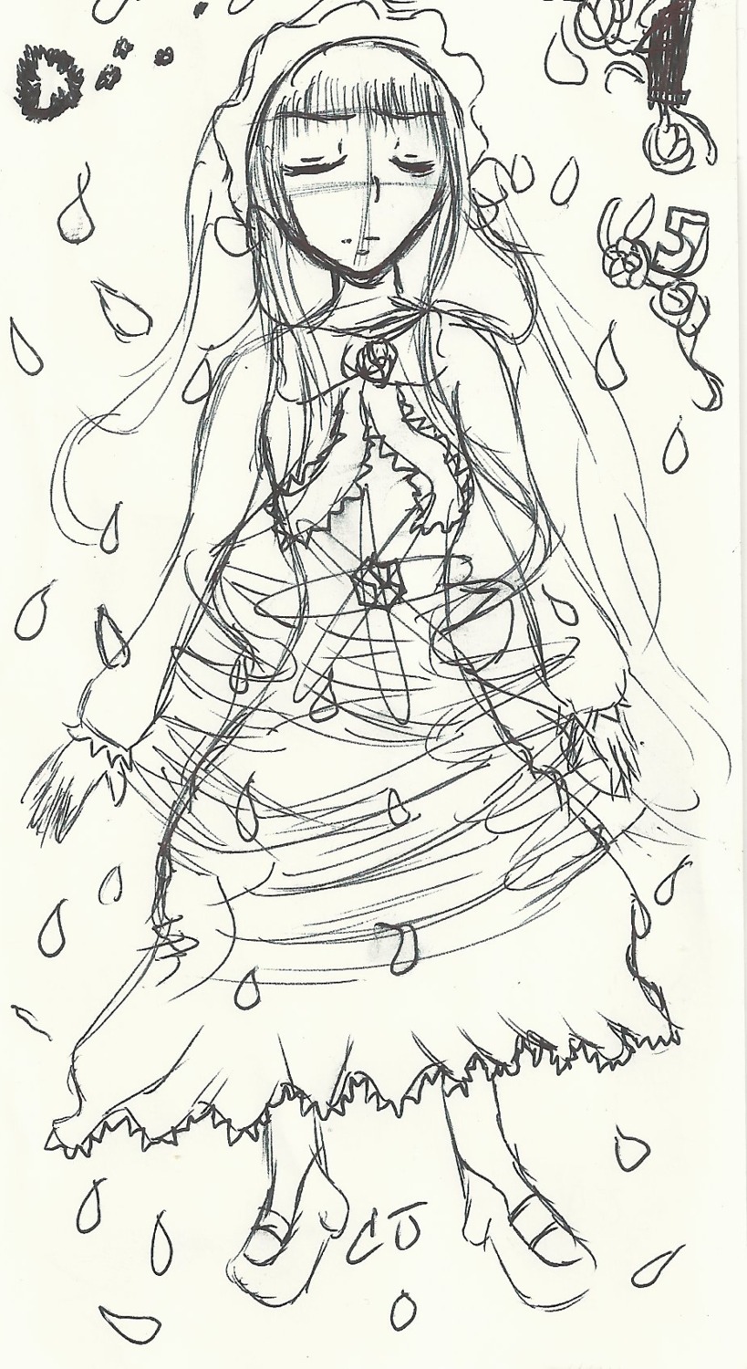 1girl closed_eyes dress flower greyscale image long_hair long_sleeves monochrome petals rose_petals shinku sketch solo veil