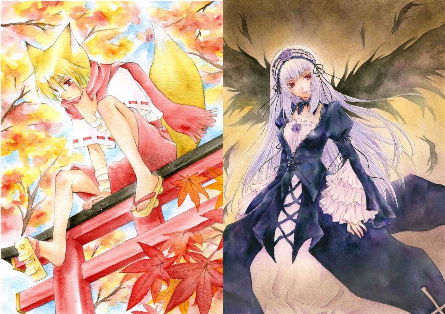1boy 1girl 2girls animal_ears aoi_yuuka_(ao_no_kokoro) autumn_leaves barefoot blonde_hair commentary_request dress fox_ears fox_tail hairband image leaf long_hair long_sleeves looking_at_viewer maple_leaf multiple_girls red_eyes rozen_maiden short_hair sitting smile solo suigintou sword tail traditional_media very_long_hair wide_sleeves wings