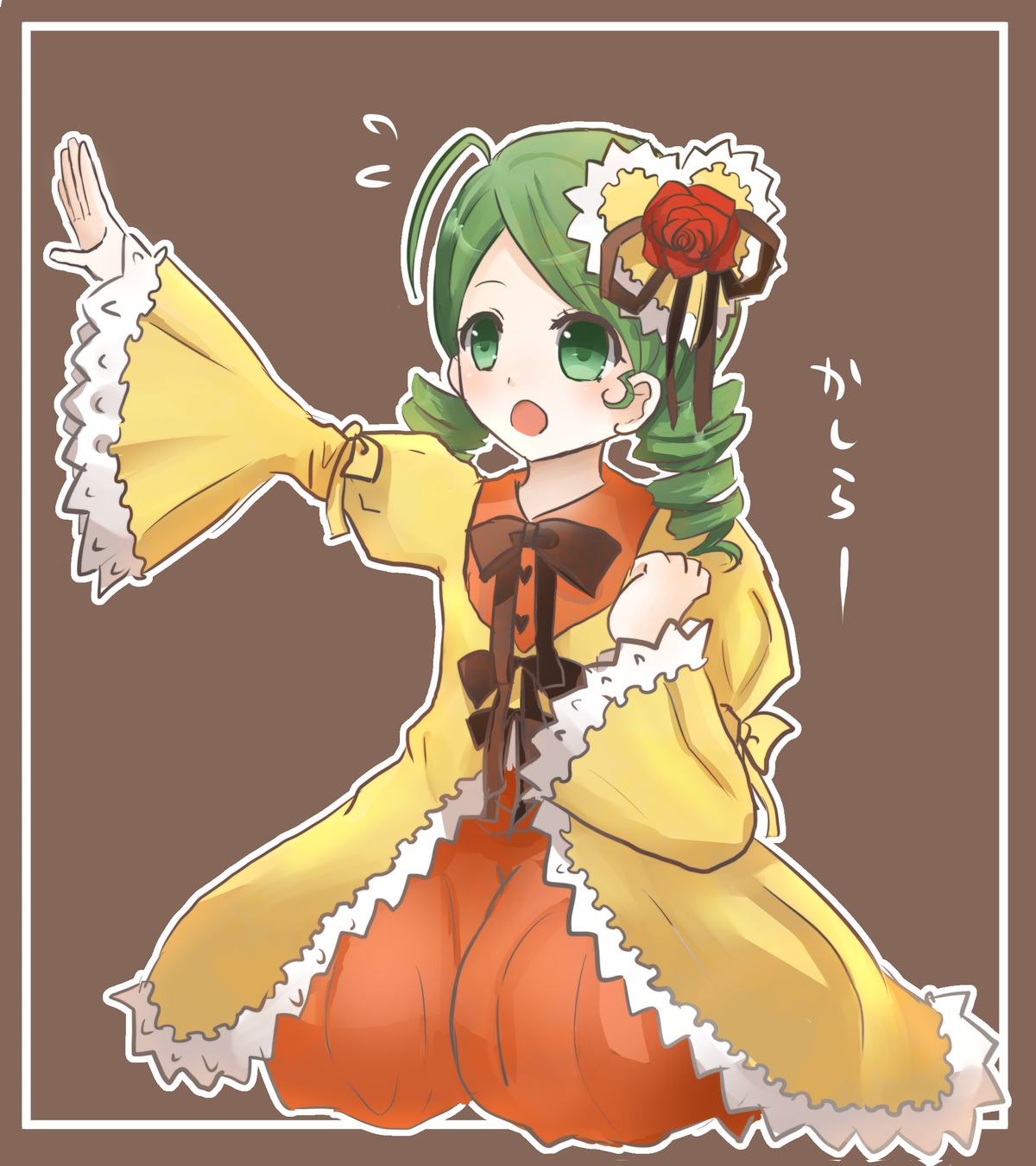 1girl blush brown_background dress drill_hair flower flying_sweatdrops frills green_eyes green_hair hair_ornament image kanaria long_sleeves open_mouth orange_dress rose simple_background solo twin_drills wide_sleeves