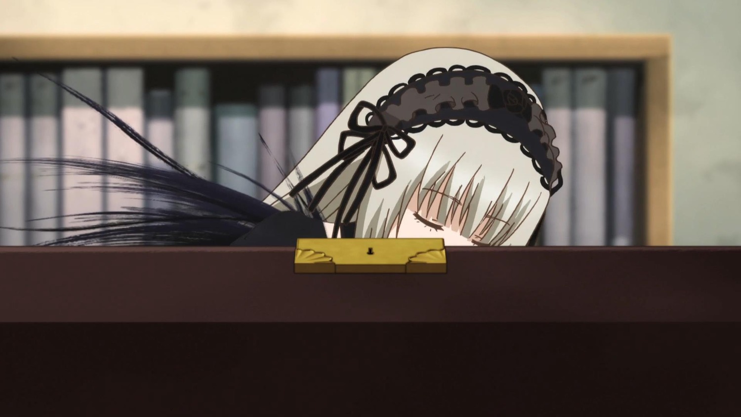 1girl bangs black_hairband black_ribbon blurry blurry_background blush closed_eyes depth_of_field eyebrows_visible_through_hair hairband image long_hair ribbon silver_hair solo suigintou very_long_hair