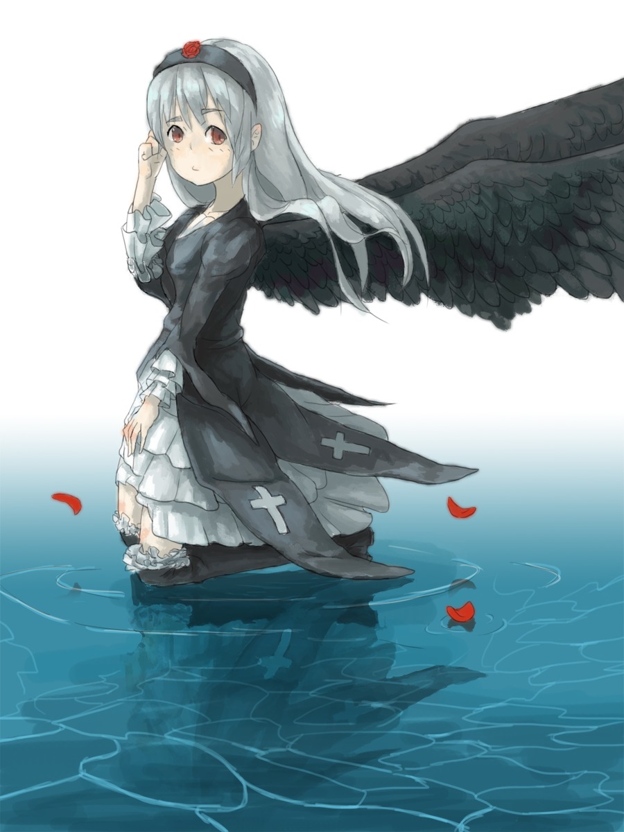 1girl angel_wings auto_tagged black_wings dress feathered_wings frills hairband image long_hair long_sleeves petals red_eyes silver_hair solo suigintou wading water wings