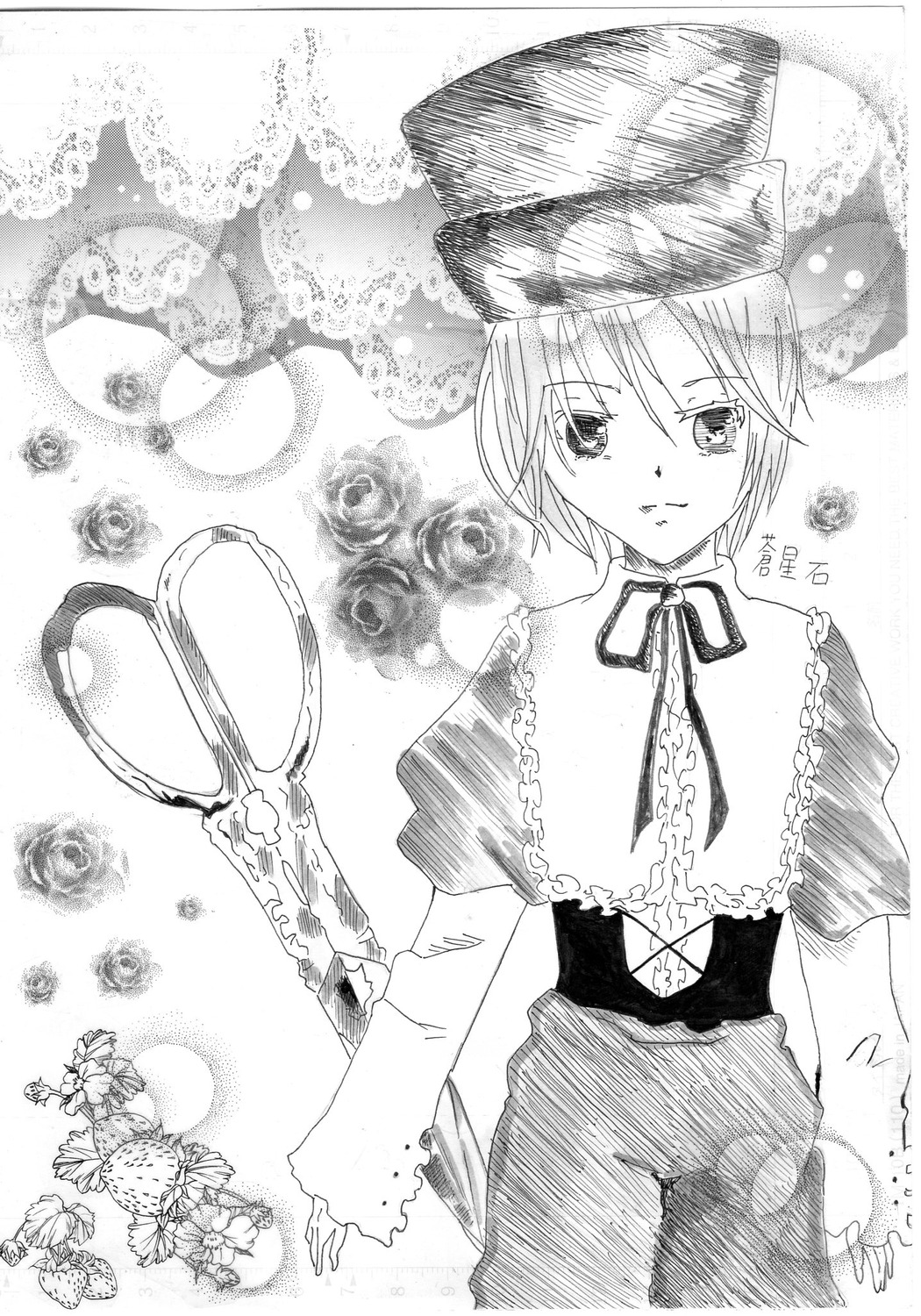 1girl auto_tagged floral_background flower greyscale hat image long_sleeves looking_at_viewer lunasa_prismriver monochrome ribbon short_hair smile solo souseiseki
