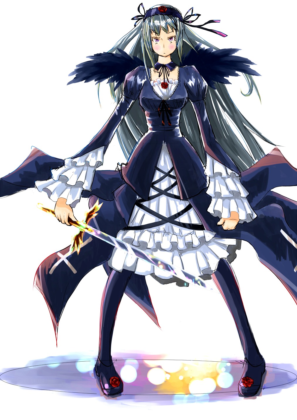 1girl black_hair black_wings choker dress frills gothic_lolita hairband hat image lolita_fashion long_hair long_sleeves looking_at_viewer pantyhose ribbon solo suigintou wings