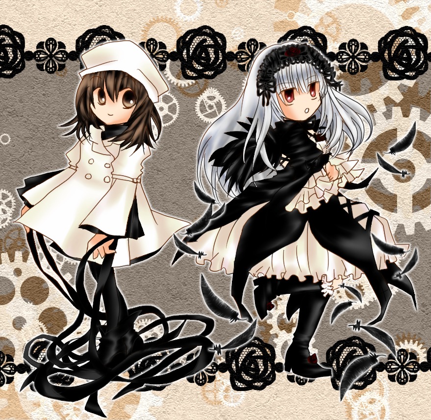 2girls boots brown_hair dress hairband hat image long_hair long_sleeves multiple_girls red_eyes silver_hair solo suigintou white_hair wings