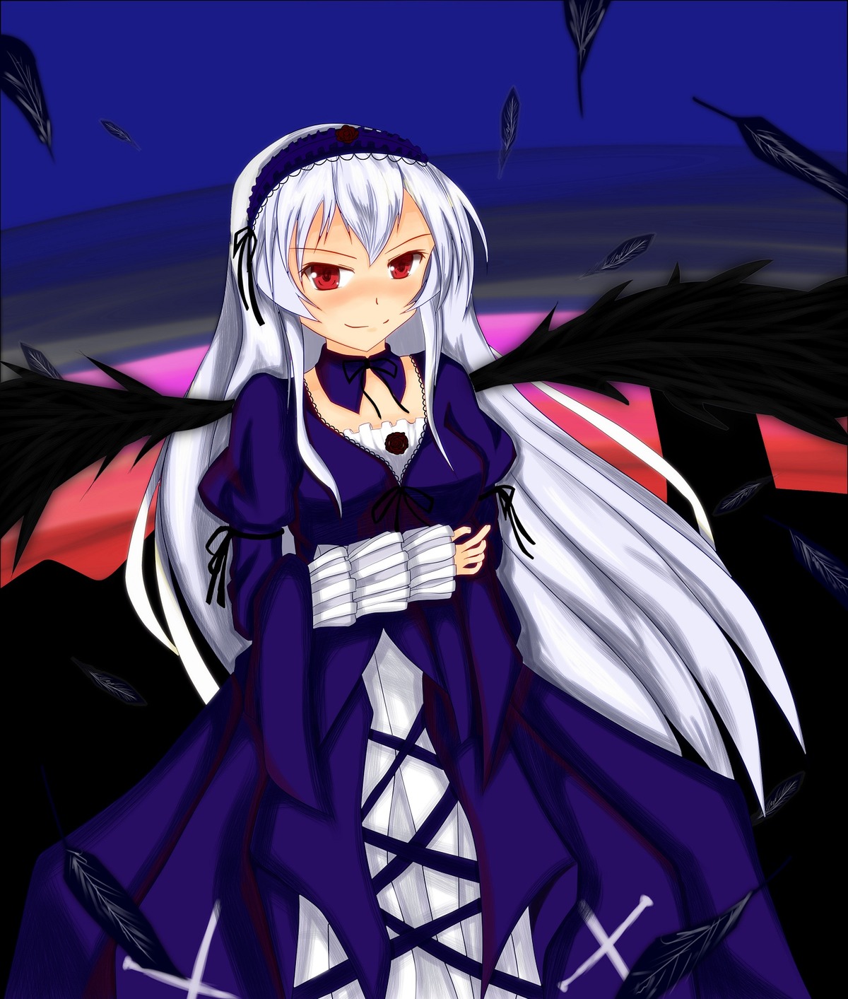 1girl black_wings blush detached_collar dress feathers frills hairband image juliet_sleeves long_hair long_sleeves looking_at_viewer puffy_sleeves red_eyes silver_hair smile solo suigintou wings