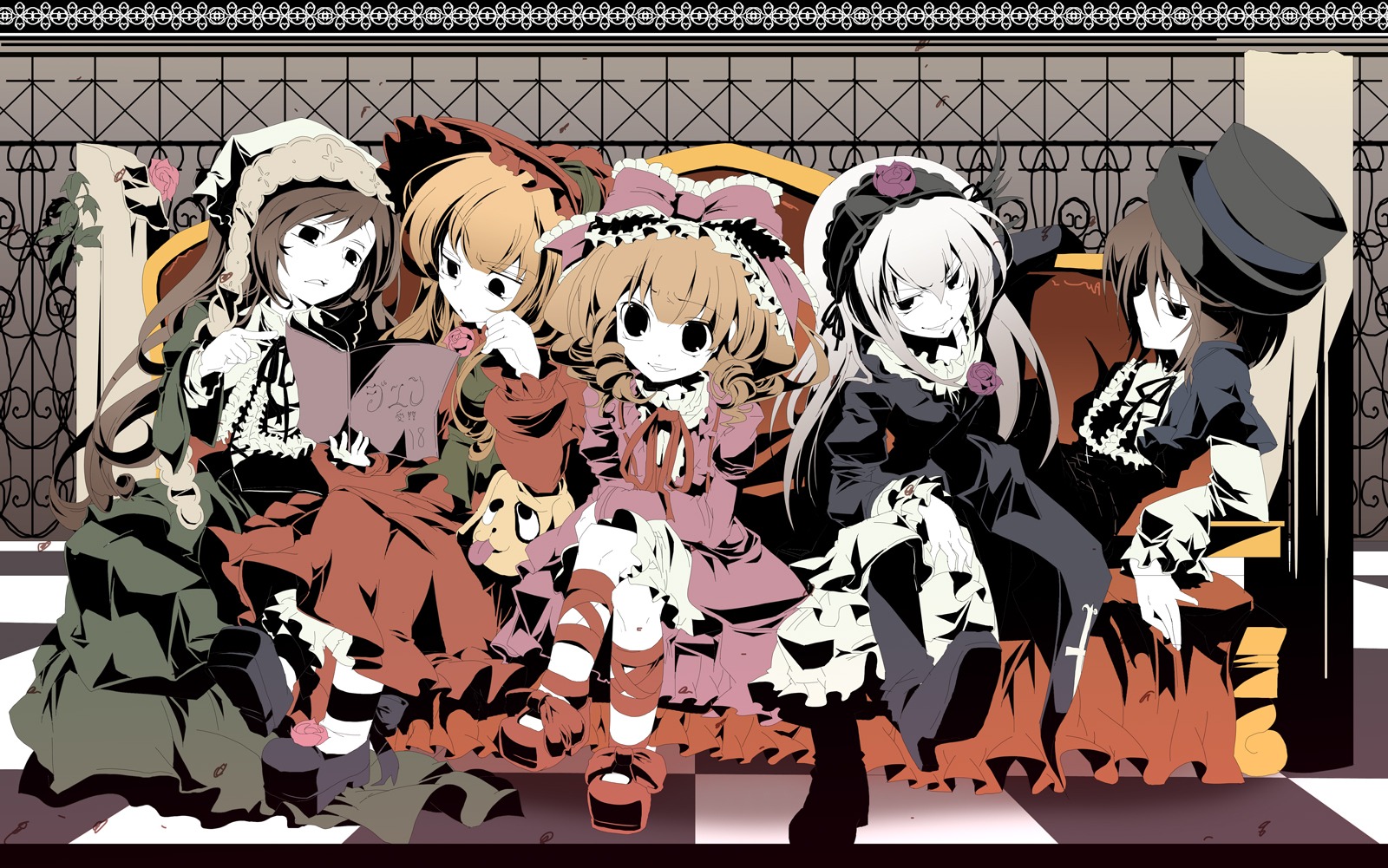 6+girls bad_id bad_pixiv_id blonde_hair book bow couch dress frills fruit_punch hat high_contrast highres hina_ichigo image kunkun long_hair multiple multiple_girls photoshop_(medium) reading rozen_maiden shinku short_hair siblings sisters smile souseiseki suigintou suiseiseki tagme twins