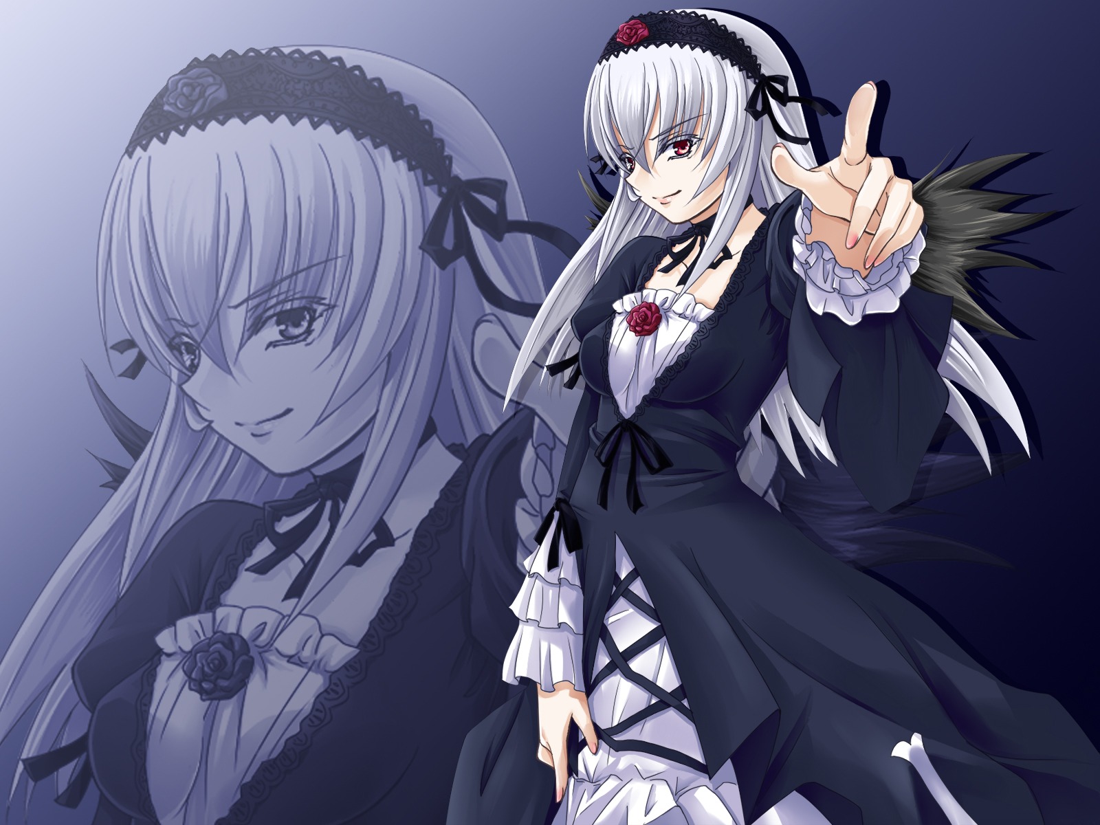 1girl black_dress dress flower frills hairband image long_hair long_sleeves looking_at_viewer red_eyes ribbon silver_hair smile solo suigintou wings zoom_layer