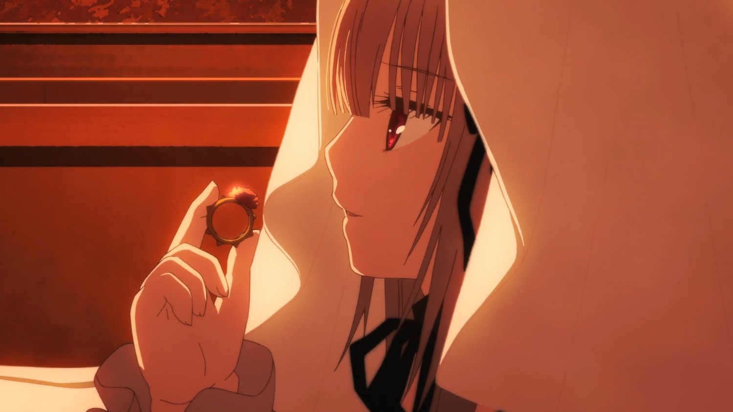 1girl bangs closed_mouth eyebrows_visible_through_hair food from_side fruit hair_ribbon holding holding_food holding_fruit image long_hair profile red_eyes ribbon solo suigintou