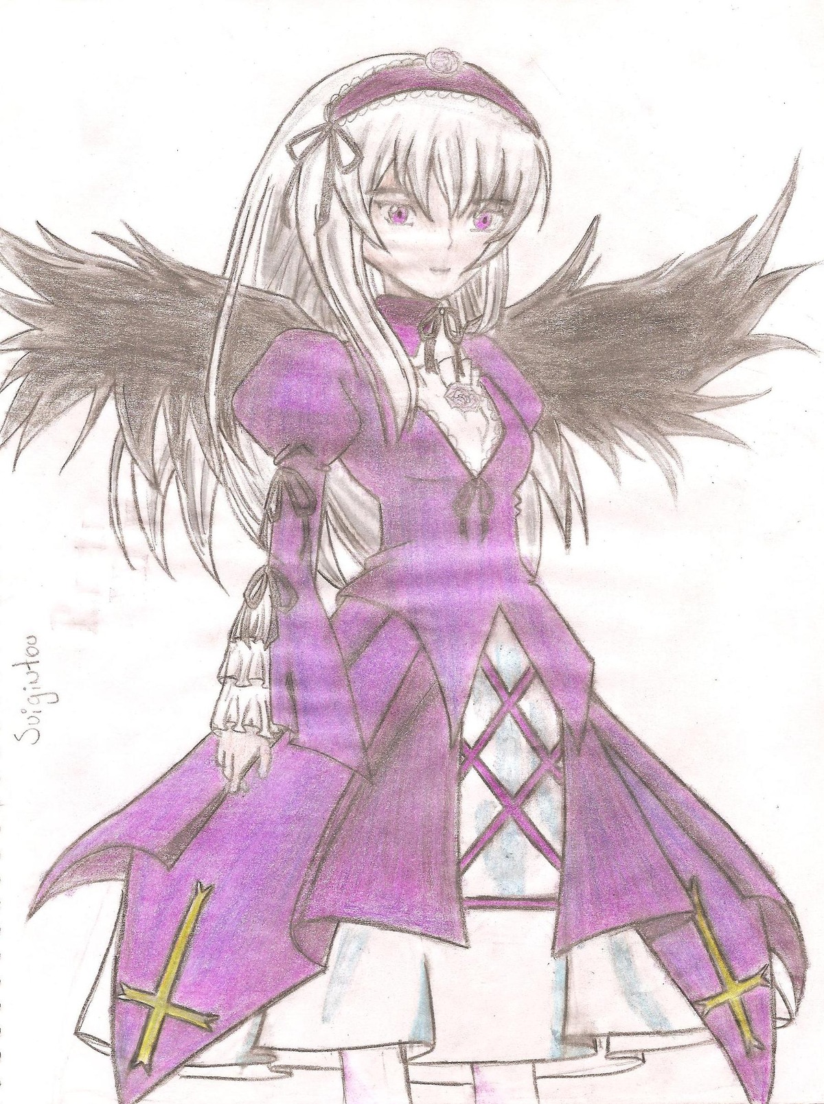 1girl black_wings detached_collar dress flower frills hairband image long_hair long_sleeves looking_at_viewer puffy_sleeves simple_background solo suigintou traditional_media white_background wings