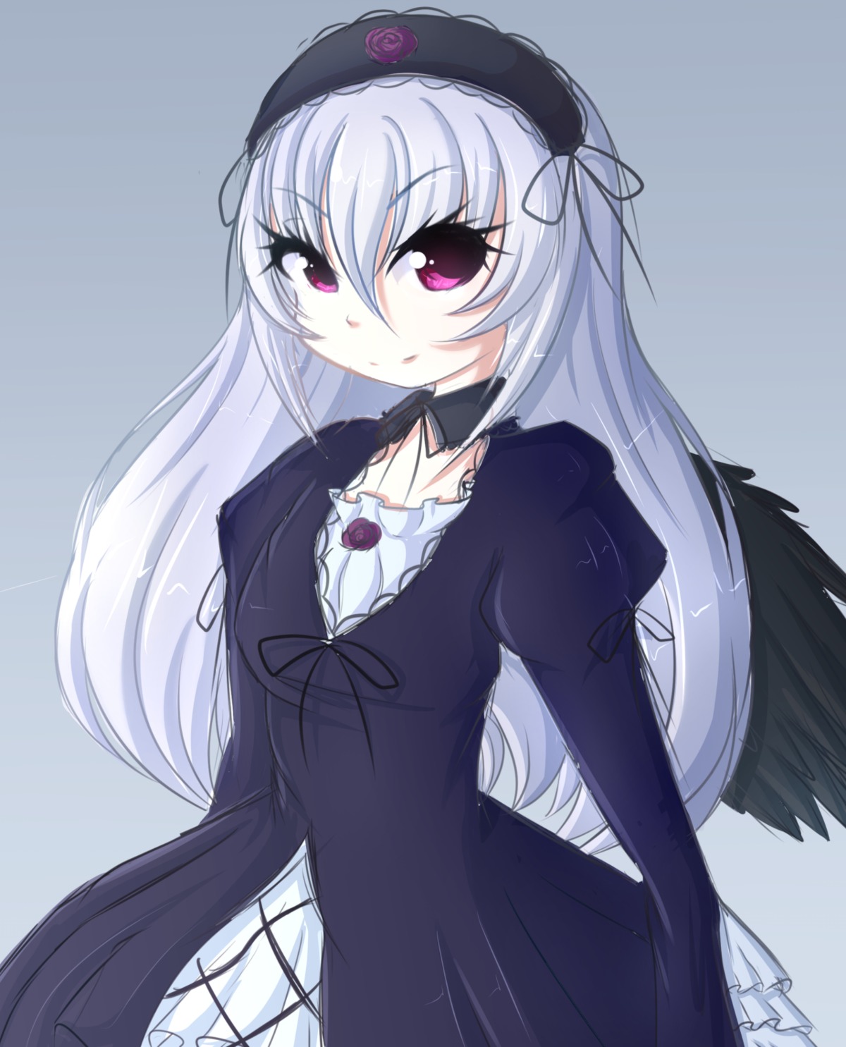 1girl black_dress black_wings blue_background closed_mouth dress feathered_wings frills grey_background hairband image juliet_sleeves lolita_fashion lolita_hairband long_hair long_sleeves looking_at_viewer puffy_sleeves ribbon rose silver_hair simple_background smile solo suigintou wings