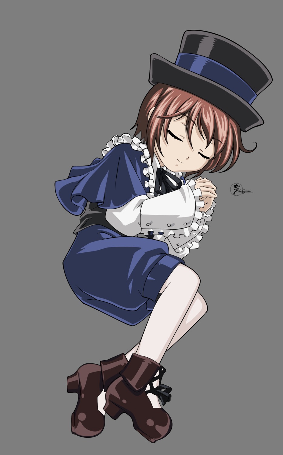 1girl brown_hair capelet closed_eyes frills full_body hat image long_sleeves pantyhose shoes short_hair smile solo souseiseki top_hat transparent_background white_legwear