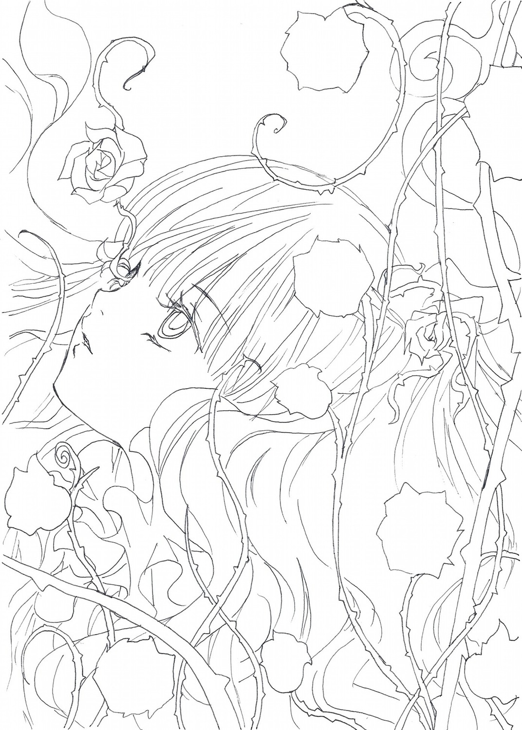 1girl bangs eyebrows_visible_through_hair flower image kirakishou leaf lineart long_hair monochrome portrait profile rose solo white_background white_flower