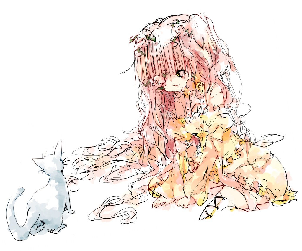 1girl cat dress flower frills image kirakishou long_hair long_sleeves pink_hair sitting solo very_long_hair white_background