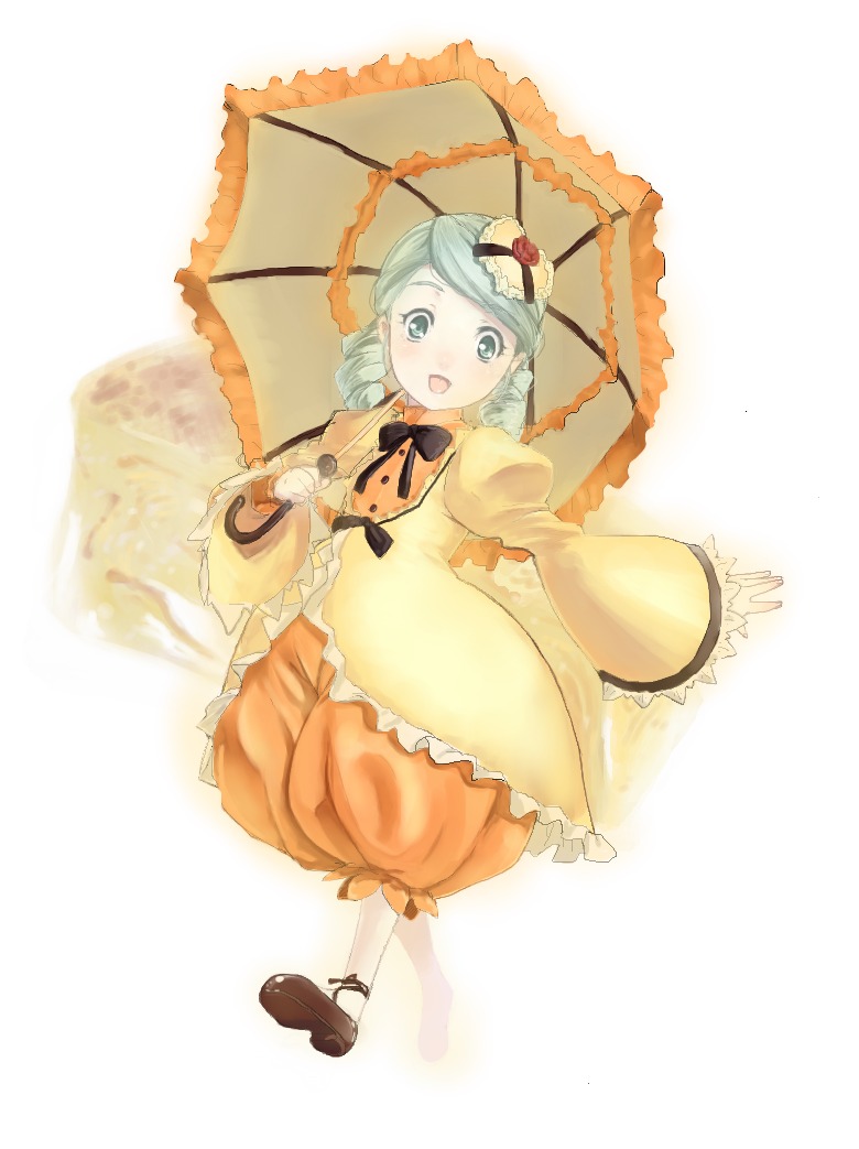 1girl blush dress drill_hair full_body hair_ornament holding_umbrella image kanaria long_sleeves open_mouth parasol smile solo striped umbrella vertical_stripes wide_sleeves