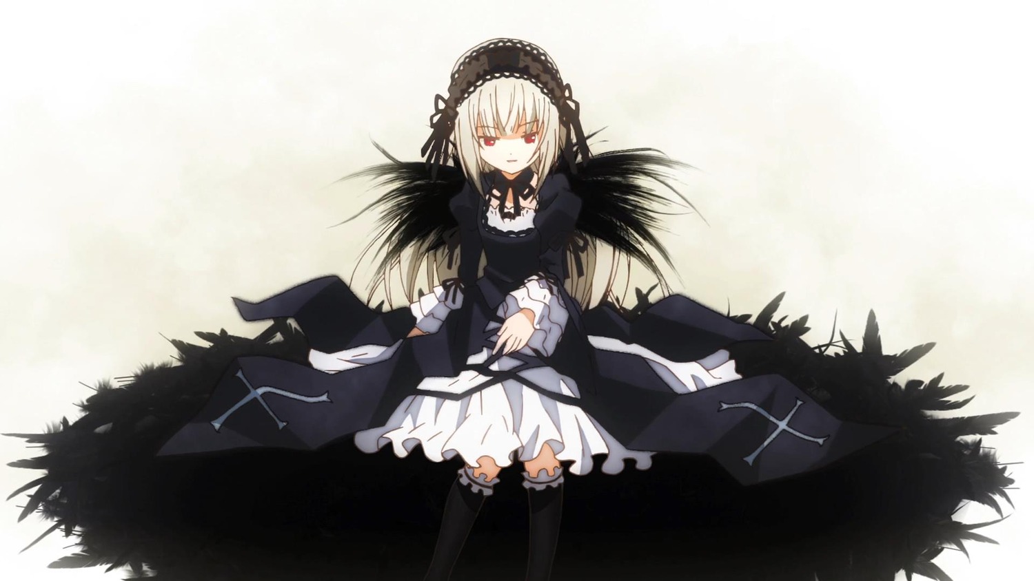 1girl black_wings cross-laced_clothes dress frills hairband image long_hair long_sleeves looking_at_viewer red_eyes ribbon rose silver_hair solo suigintou thighhighs wings