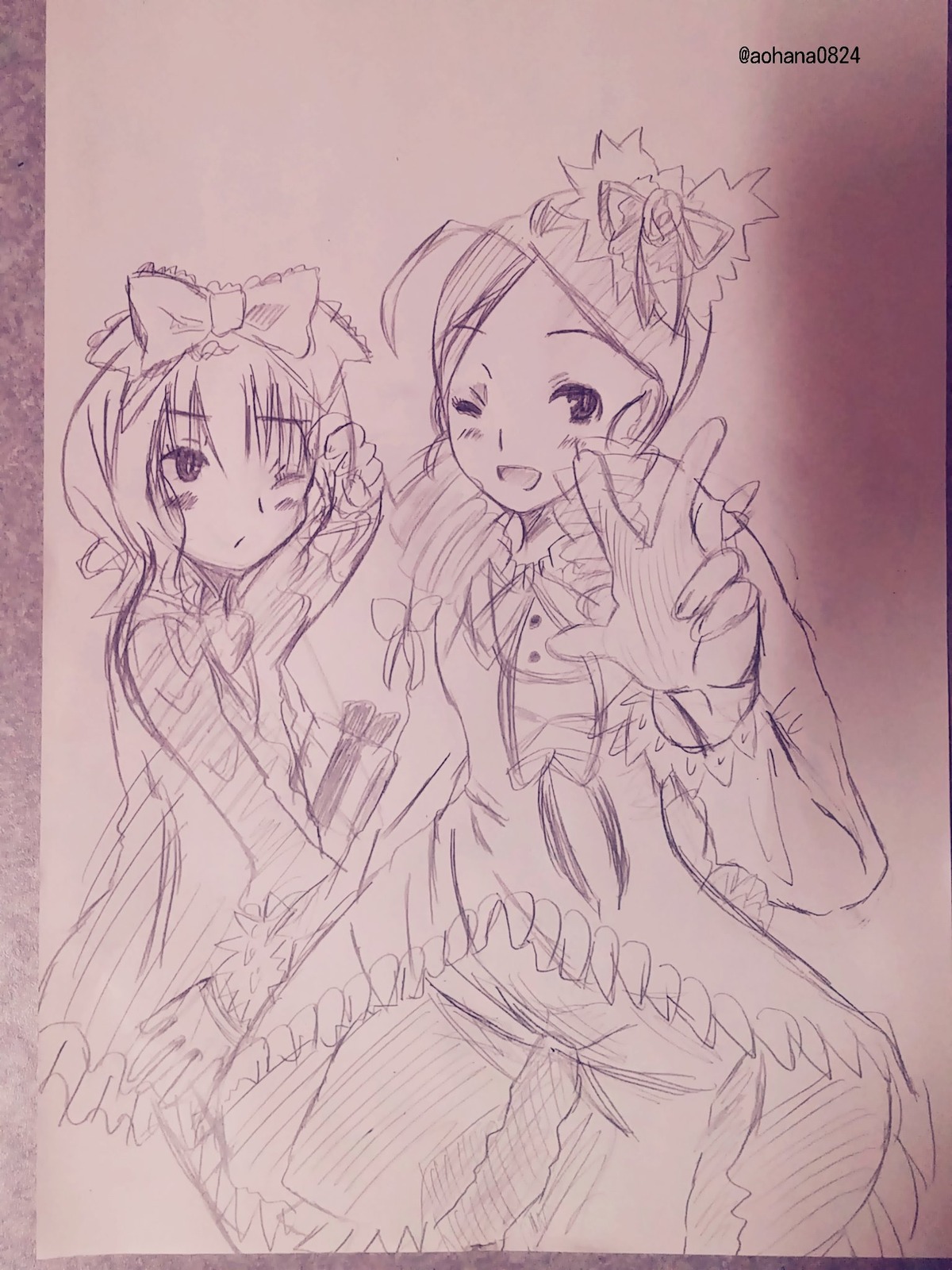 2girls bow dress hair_bow hinaichigo image kanaria long_hair long_sleeves looking_at_viewer monochrome multiple_girls one_eye_closed open_mouth pair sketch smile traditional_media