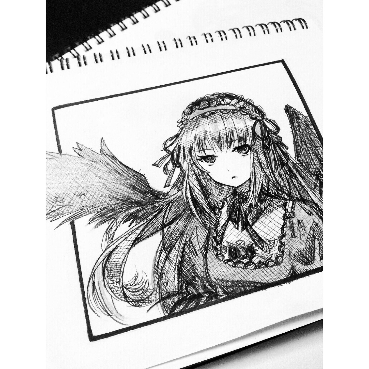 1girl eyebrows_visible_through_hair greyscale hairband image lolita_hairband long_hair looking_at_viewer monochrome ribbon simple_background solo suigintou traditional_media upper_body white_background wings