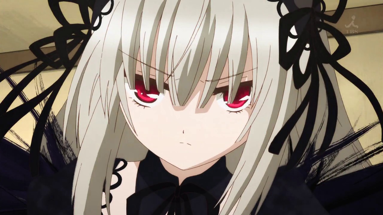 1girl bangs black_dress black_ribbon closed_mouth detached_collar dress expressionless flower hair_ribbon image long_hair looking_at_viewer portrait red_eyes ribbon rose silver_hair solo suigintou