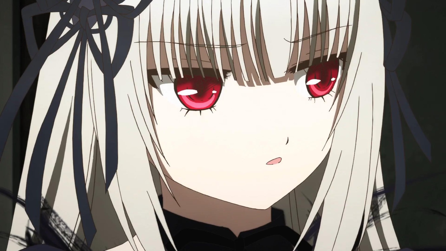 1girl bangs blush close-up eyebrows_visible_through_hair face image long_hair looking_at_viewer red_eyes ribbon simple_background solo suigintou tongue tongue_out