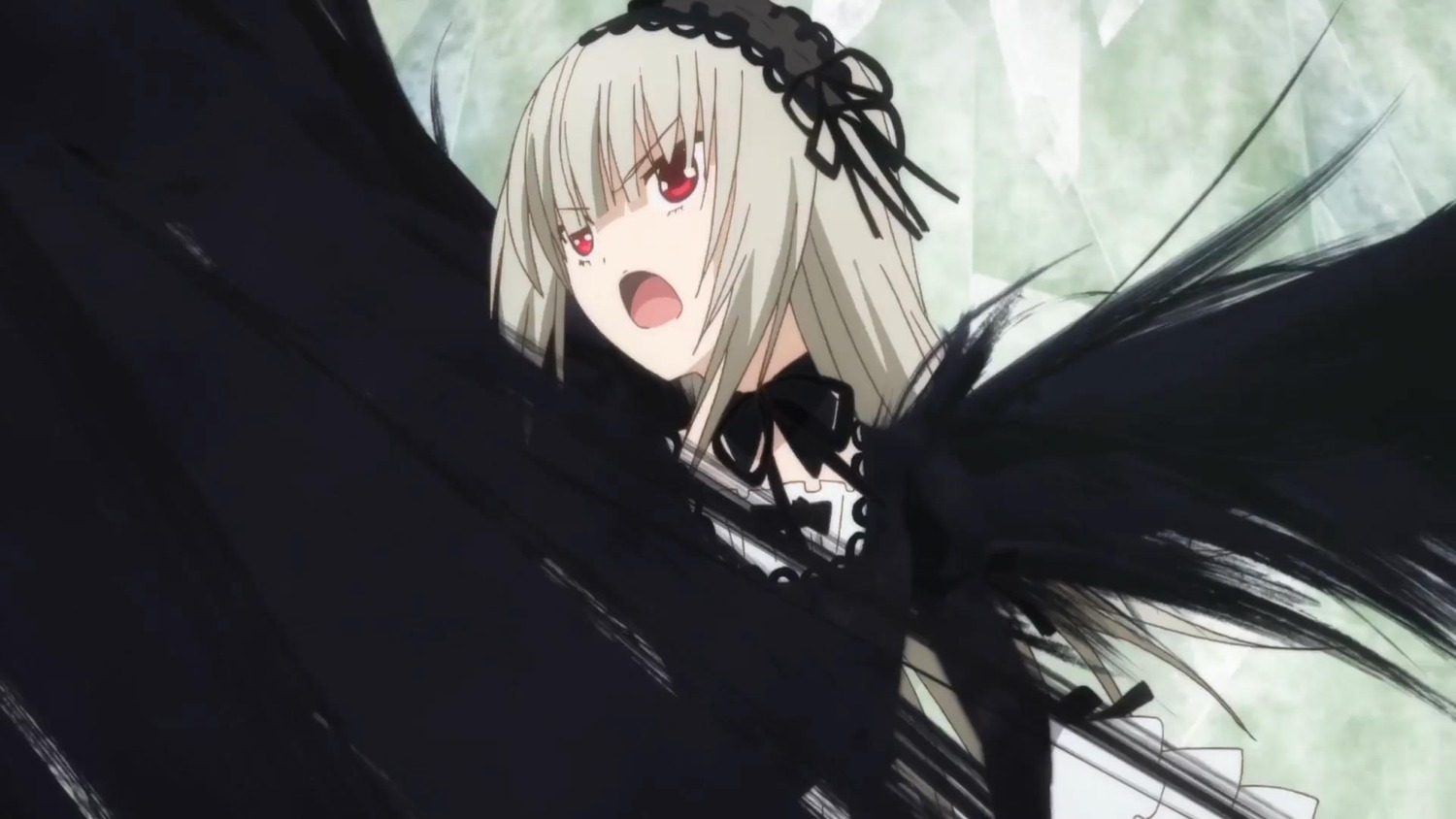 1girl bangs black_dress black_ribbon black_wings detached_collar dress frills hairband image long_hair long_sleeves open_mouth red_eyes ribbon silver_hair solo suigintou very_long_hair wings