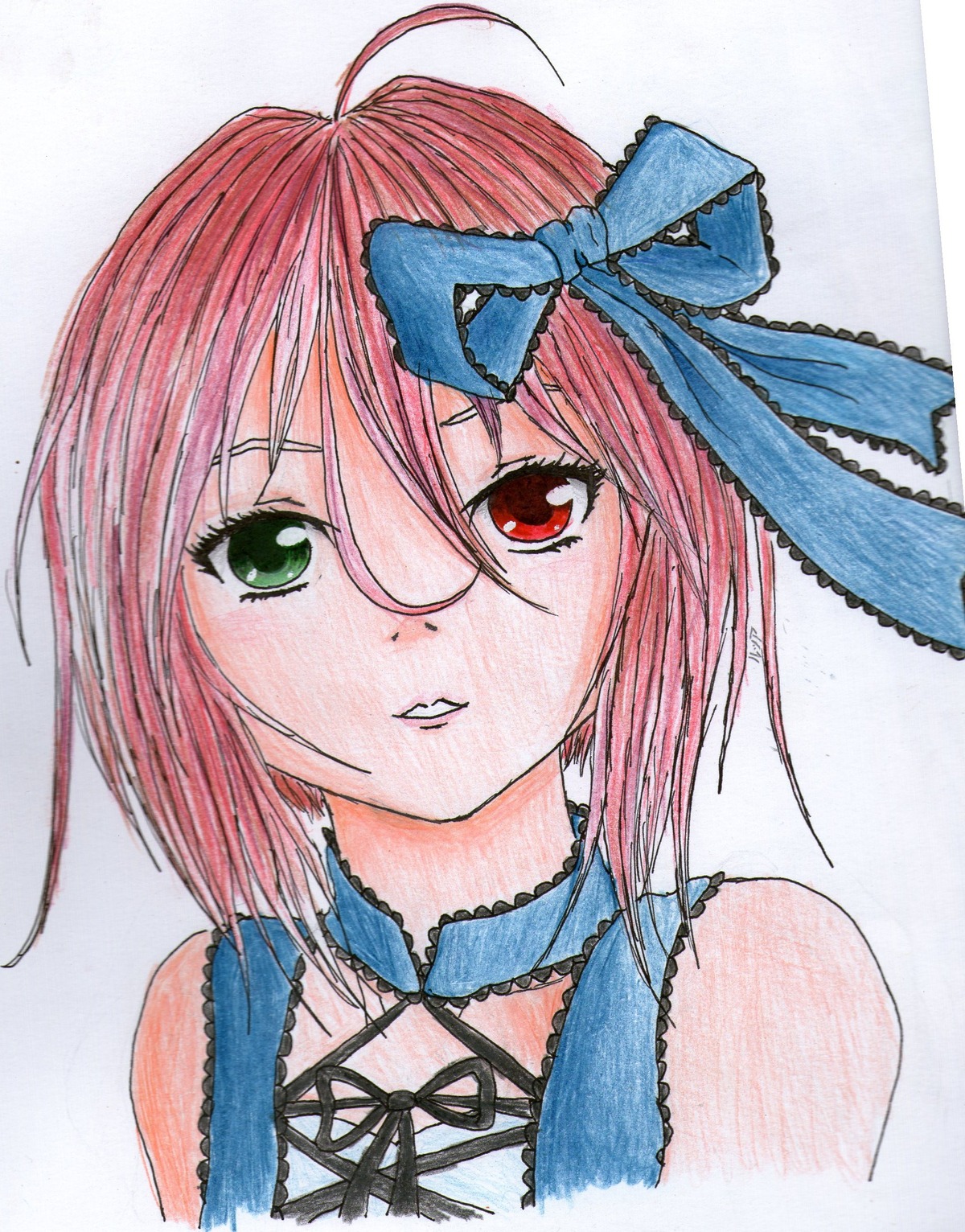 1girl auto_tagged blue_bow blue_neckwear blue_ribbon bow green_eyes hair_bow heterochromia image lips looking_at_viewer marker_(medium) pink_hair portrait red_eyes ribbon short_hair simple_background solo souseiseki traditional_media