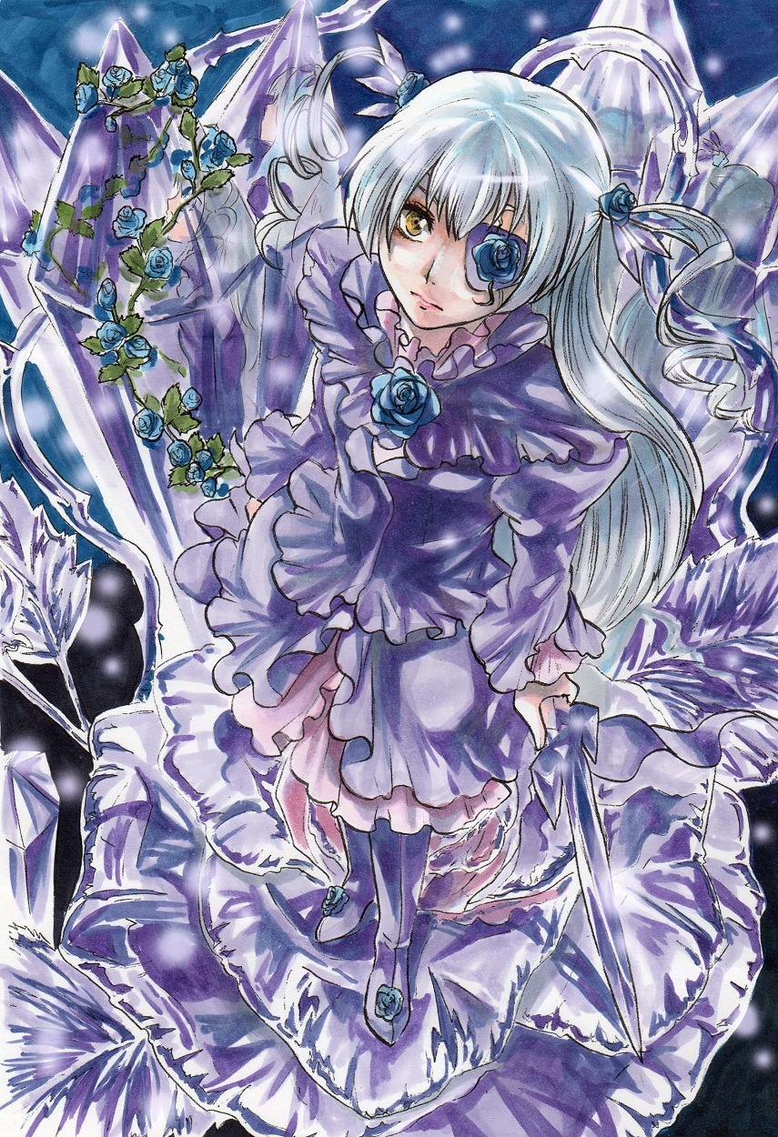 1girl barasuishou blue_flower blue_rose dress eyepatch flower frills hair_ornament image long_hair rose silver_hair solo traditional_media yellow_eyes