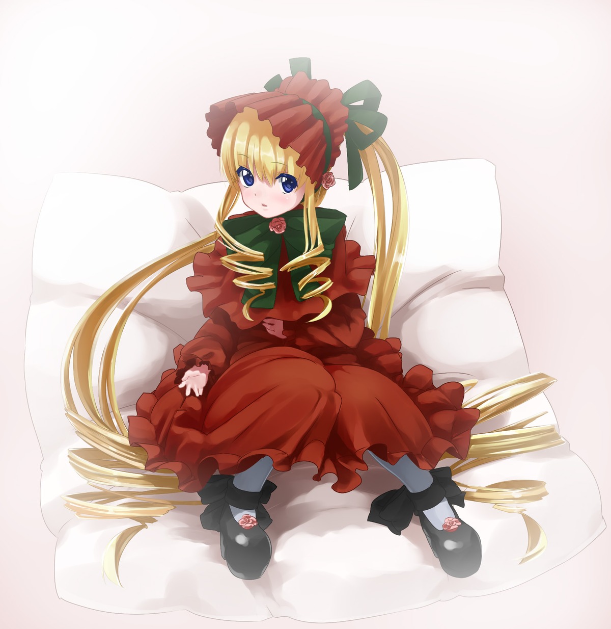 1girl auto_tagged black_footwear blonde_hair blue_eyes blush bonnet bow bowtie commentary_request cup dress drill_hair flower full_body highres image kaisen_chuui long_hair long_sleeves looking_at_viewer photoshop_(medium) pillow rose rozen_maiden shinku shoes sitting solo twintails very_long_hair