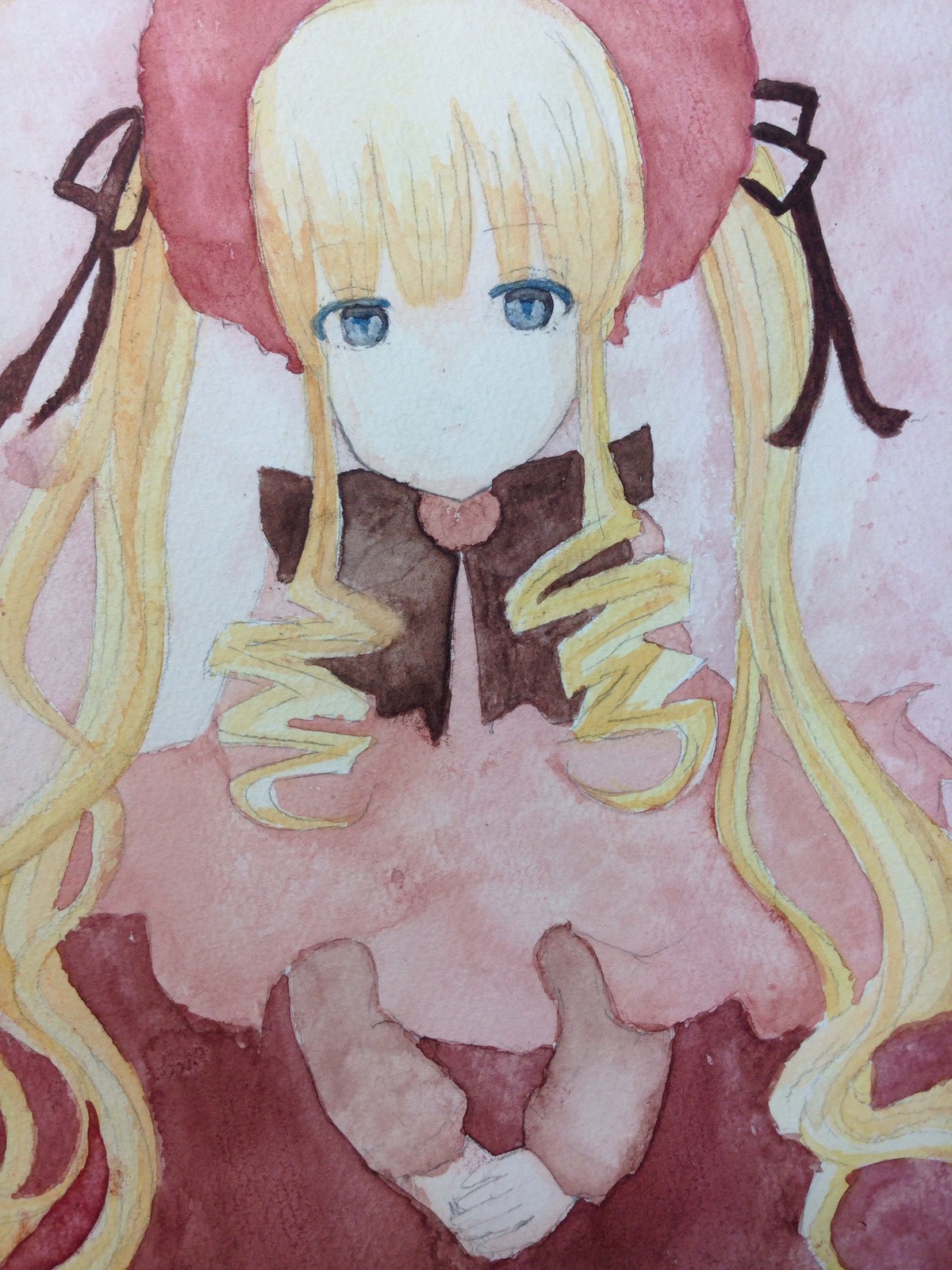 1girl bangs black_ribbon blonde_hair blue_eyes bow closed_mouth drill_hair expressionless eyebrows_visible_through_hair image long_hair long_sleeves looking_at_viewer photo shinku sidelocks simple_background solo traditional_media twin_drills twintails upper_body watercolor_(medium)