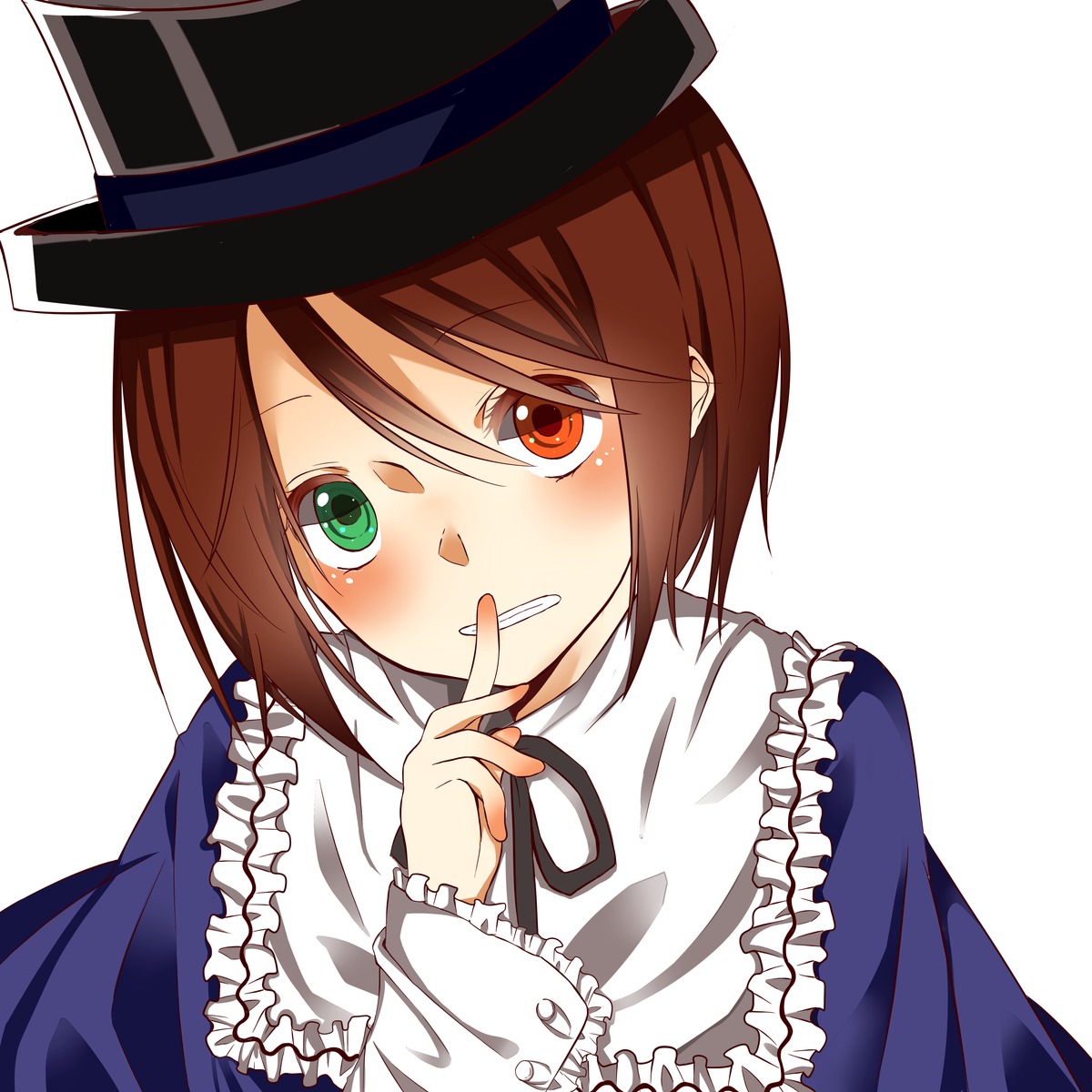 1girl black_headwear blush brown_hair eyebrows_visible_through_hair finger_to_mouth frilled_shirt_collar frills green_eyes hat image long_sleeves looking_at_viewer otoko_no_ko short_hair solo souseiseki striped striped_background top_hat upper_body white_background