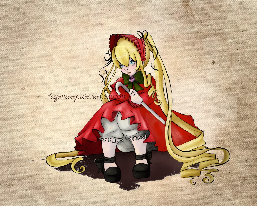 1girl blonde_hair bloomers blue_eyes bonnet bow dress drill_hair full_body image long_hair long_sleeves red_dress shinku shoes sitting solo twintails underwear very_long_hair