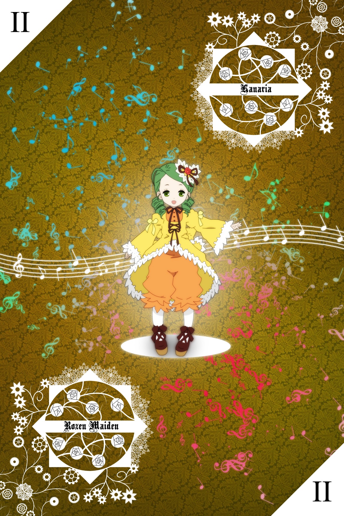 1girl beamed_eighth_notes beamed_sixteenth_notes dress eighth_note flower green_eyes green_hair hair_flower hair_ornament image instrument kanaria musical_note quarter_note short_hair solo staff_(music) treble_clef