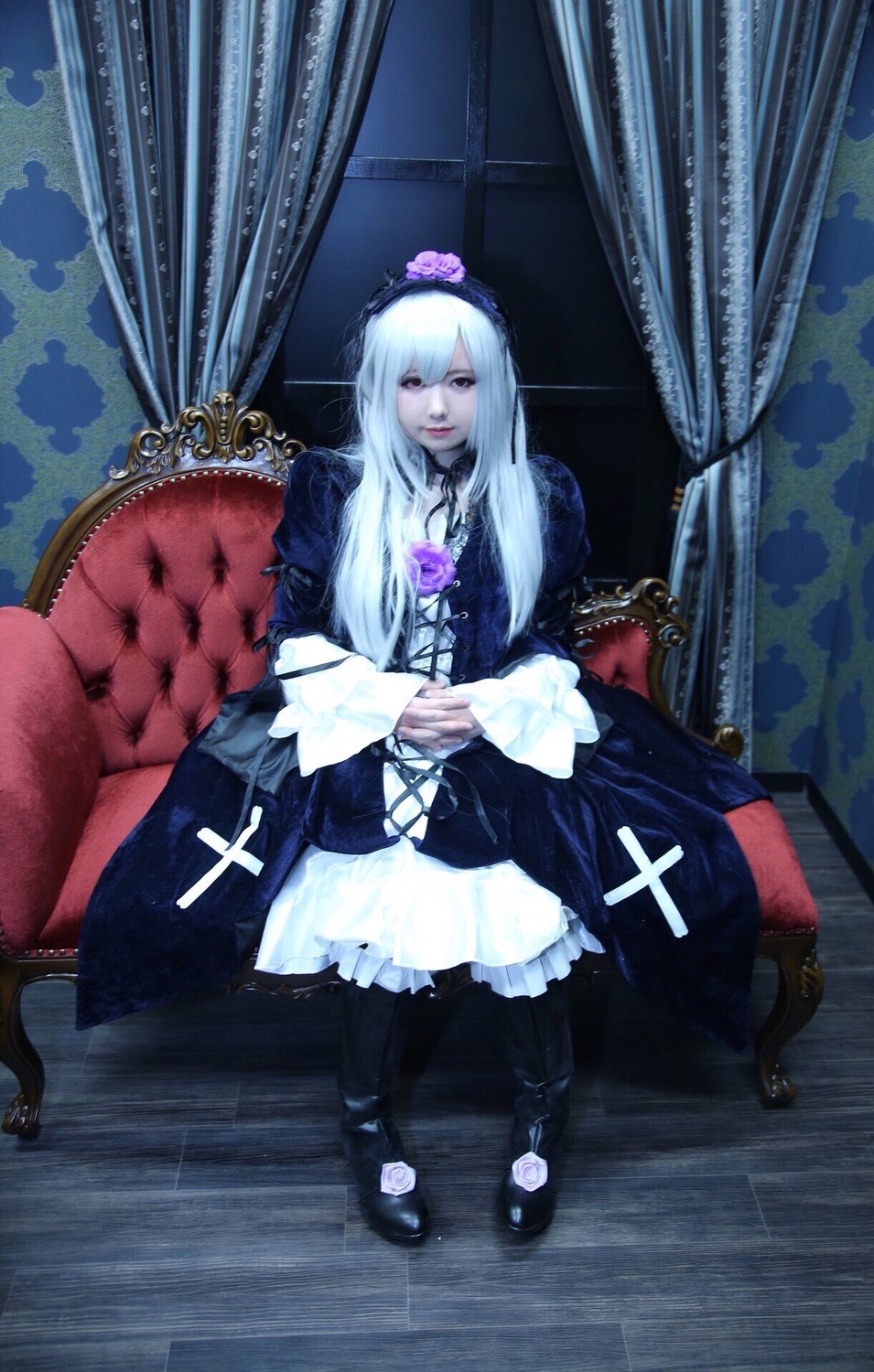 1girl curtains dress flower frills gothic_lolita lolita_fashion long_hair rose silver_hair sitting solo suigintou