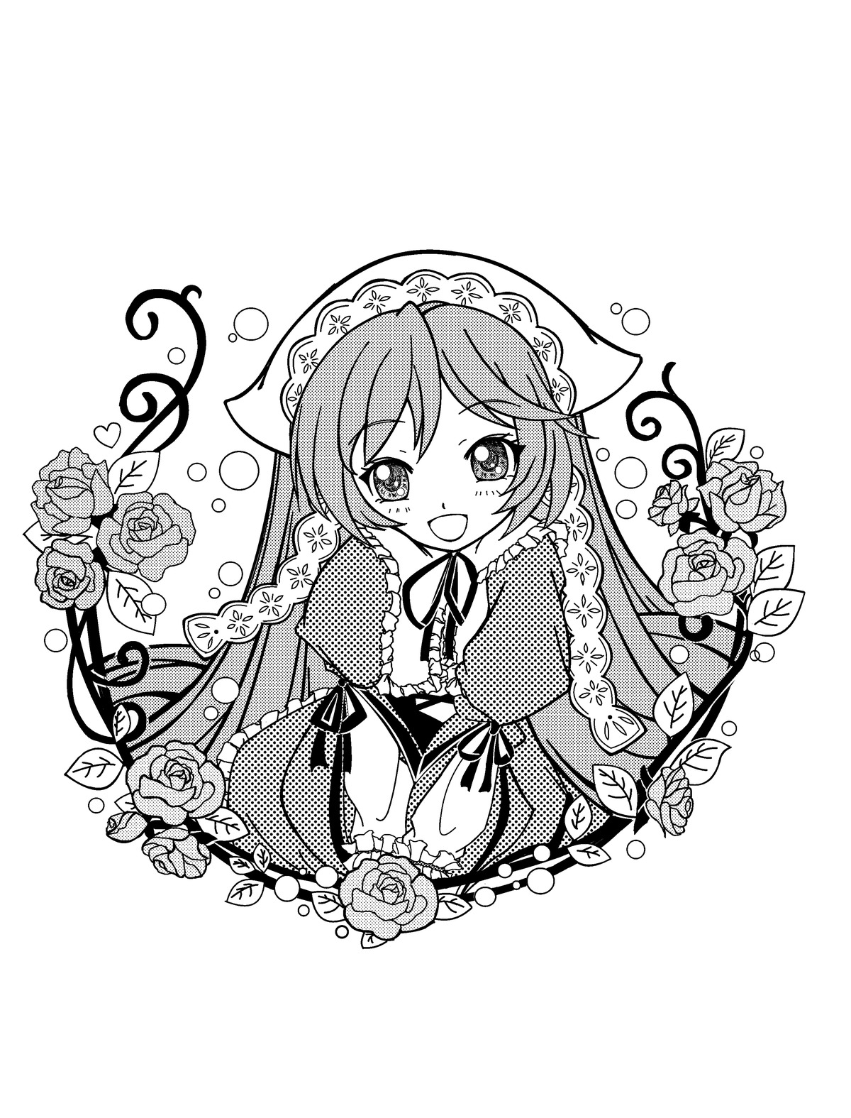 1girl :d bonnet flower greyscale image long_hair looking_at_viewer monochrome open_mouth rose smile solo suiseiseki twintails