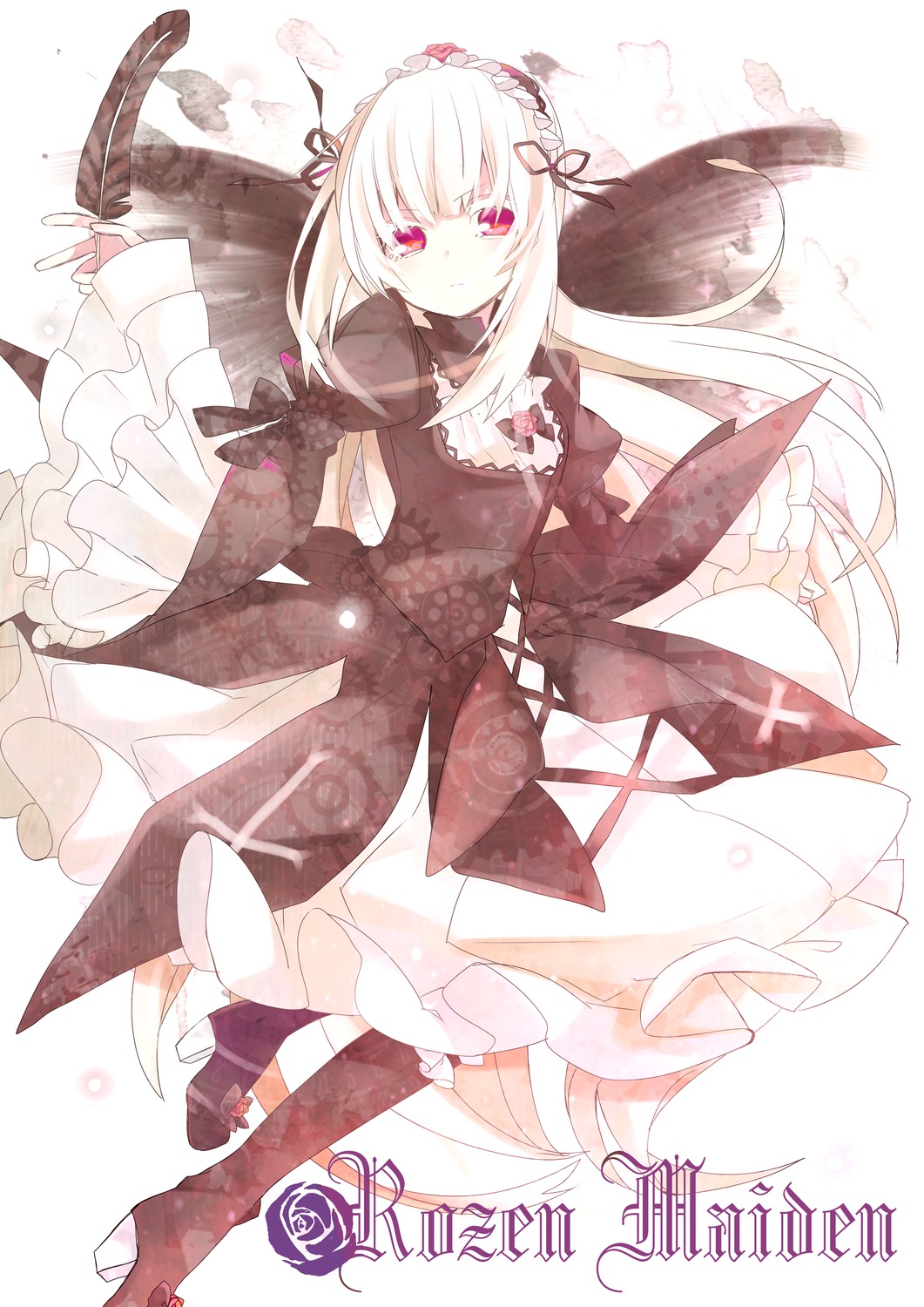 1girl black_legwear boots dress feathers flower frilled_sleeves frills hairband image lolita_fashion lolita_hairband long_hair long_sleeves looking_at_viewer rose solo suigintou very_long_hair white_hair wings