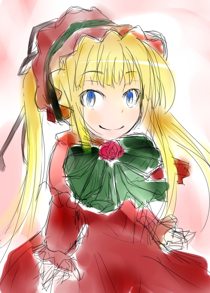 1girl auto_tagged blonde_hair blue_eyes blush bow bowtie dress flower image long_hair long_sleeves looking_at_viewer pink_background red_dress red_flower red_rose rose shinku sketch smile solo twintails upper_body