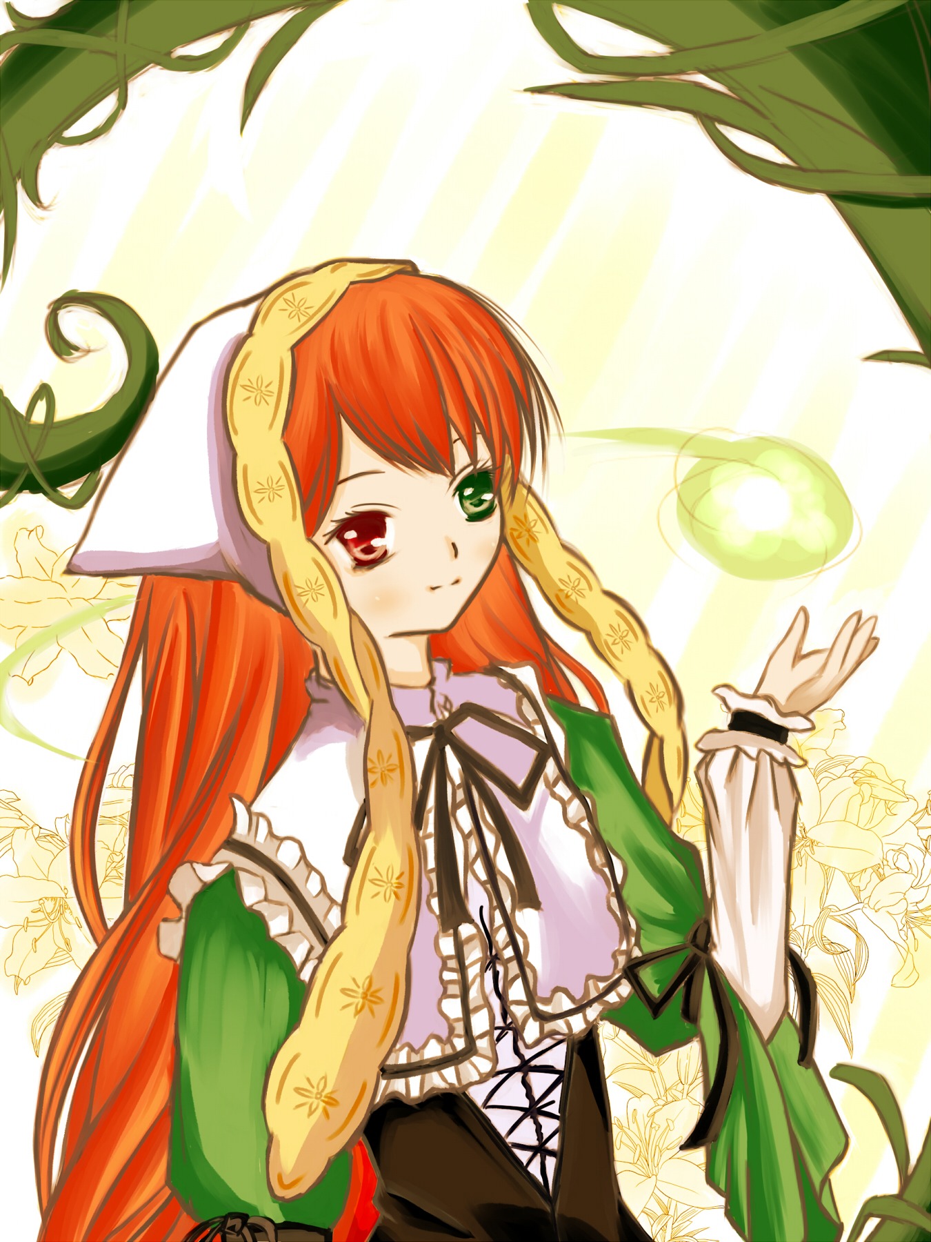 1girl corset dress frills green_dress green_eyes head_scarf heterochromia image long_hair long_sleeves looking_at_viewer orange_hair red_eyes ribbon smile solo suiseiseki very_long_hair